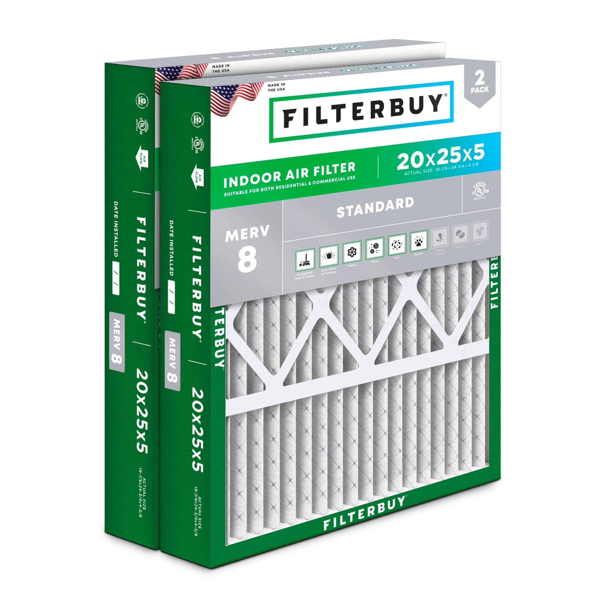 Filterbuy 20x25x5 Air Filter MERV 8 Essential Dust & Allergy Defense (2-Pack), Pleated HVAC AC Furnace Filters for Honeywell FC100A1037, Lennox X6673, and More (Actual Size: 19.88 x 24.75 x 4.38)