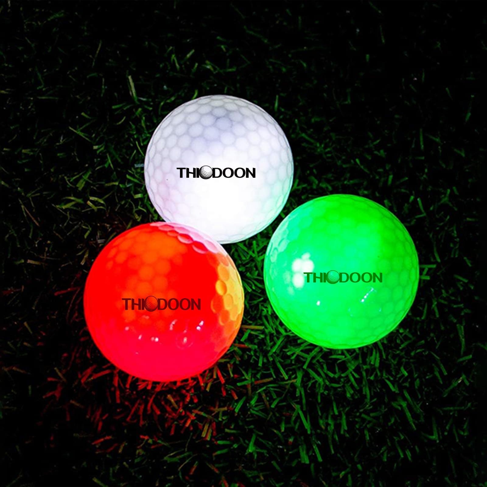 THIODOON Glow in The Dark Golf Balls, Night Golf, Indoor/Outdoor Play, Gifting, 3 Pack, Red, Green, White, 1.65 Inches