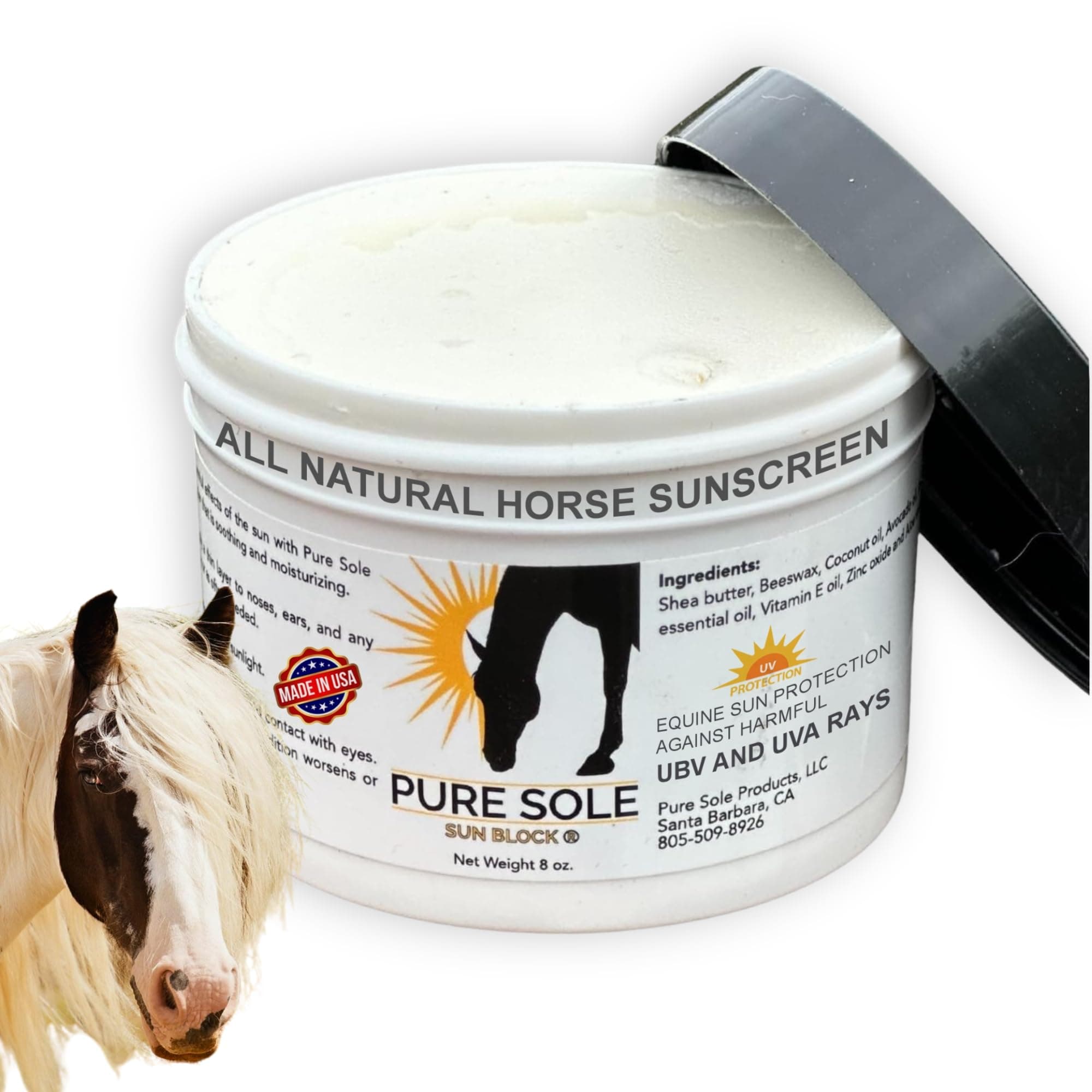 Sunscreen for Horses - Pure Sole Sun Block Cream |Nose Sun Protection and Sensitive Pink Horse Skin |Made with Safe Non-Nano Zinc Oxide-and Moisturizing Natural SPF Ingredients| Use Year Round - 8 oz.