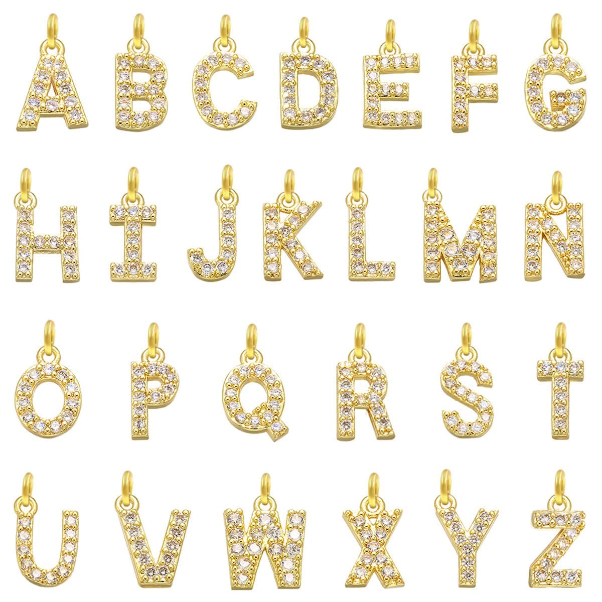 26Pieces A-Z Letter Charms Cubic Zirconia Gold Plated Brass Glitter Pendants for Making Jewelry Bracelets Necklace Earring DIY Craft