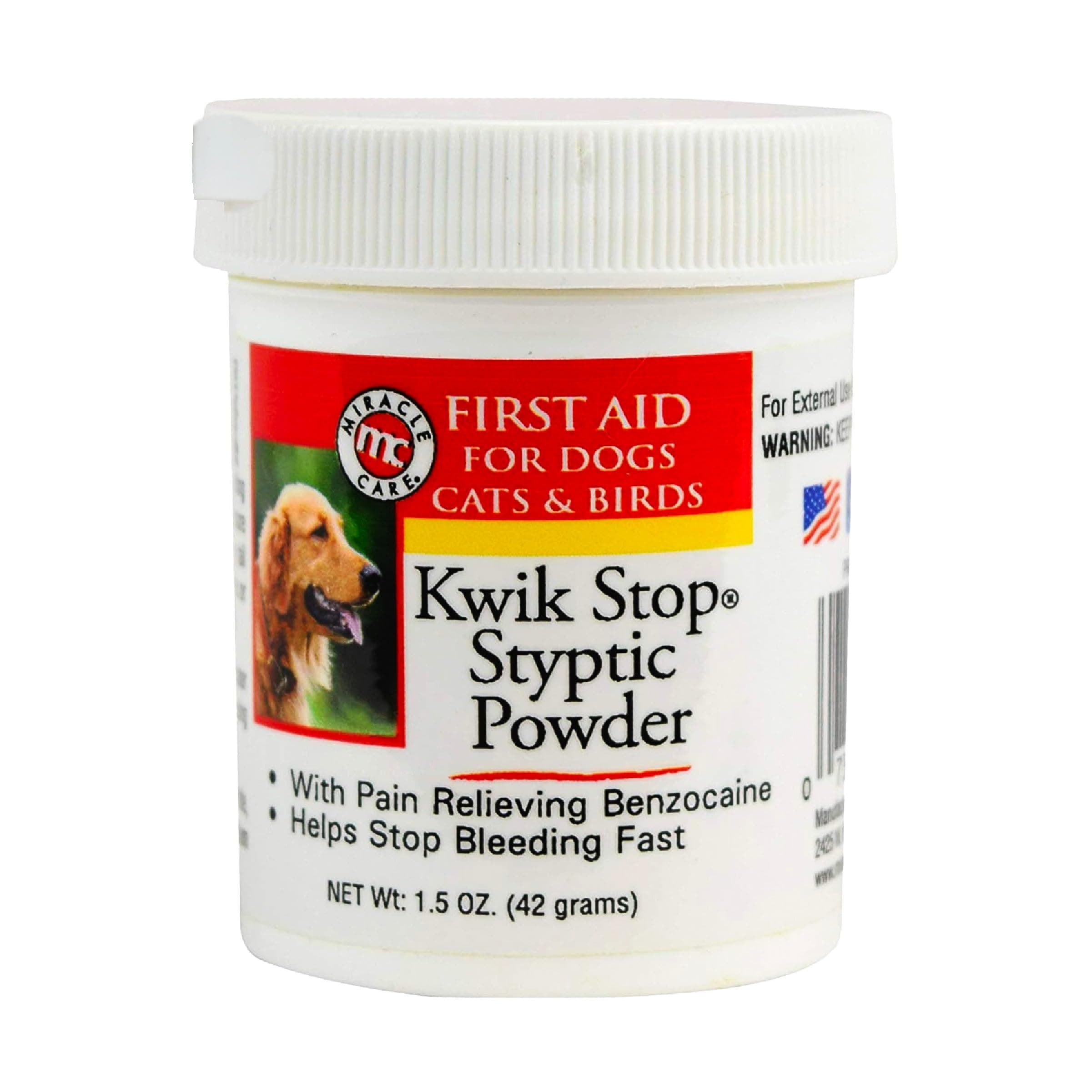 Miracle Care Kwik Stop Styptic Powder for Dogs, Cats and Birds, 1.5 Ounce, Fast-Acting Blood Stop Powder with Pain Relieving Benzocaine
