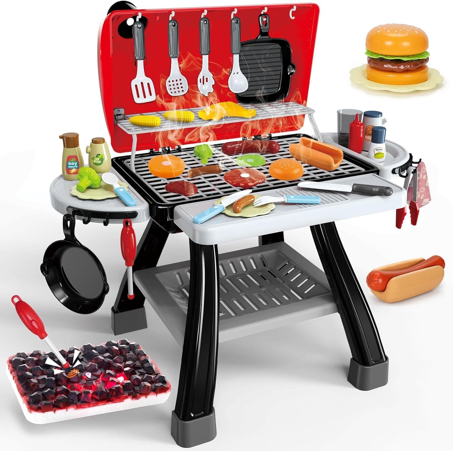 Kids Play Kitchen Toys, Kids BBQ Grill Kitchen Playset with Smoke, Sound & Light, Pretend Play Food Toys Cooking Set, 2-Layer Barbecue Outdoor Play Grill Toy Gift for Toddler Boys Girls 3-5