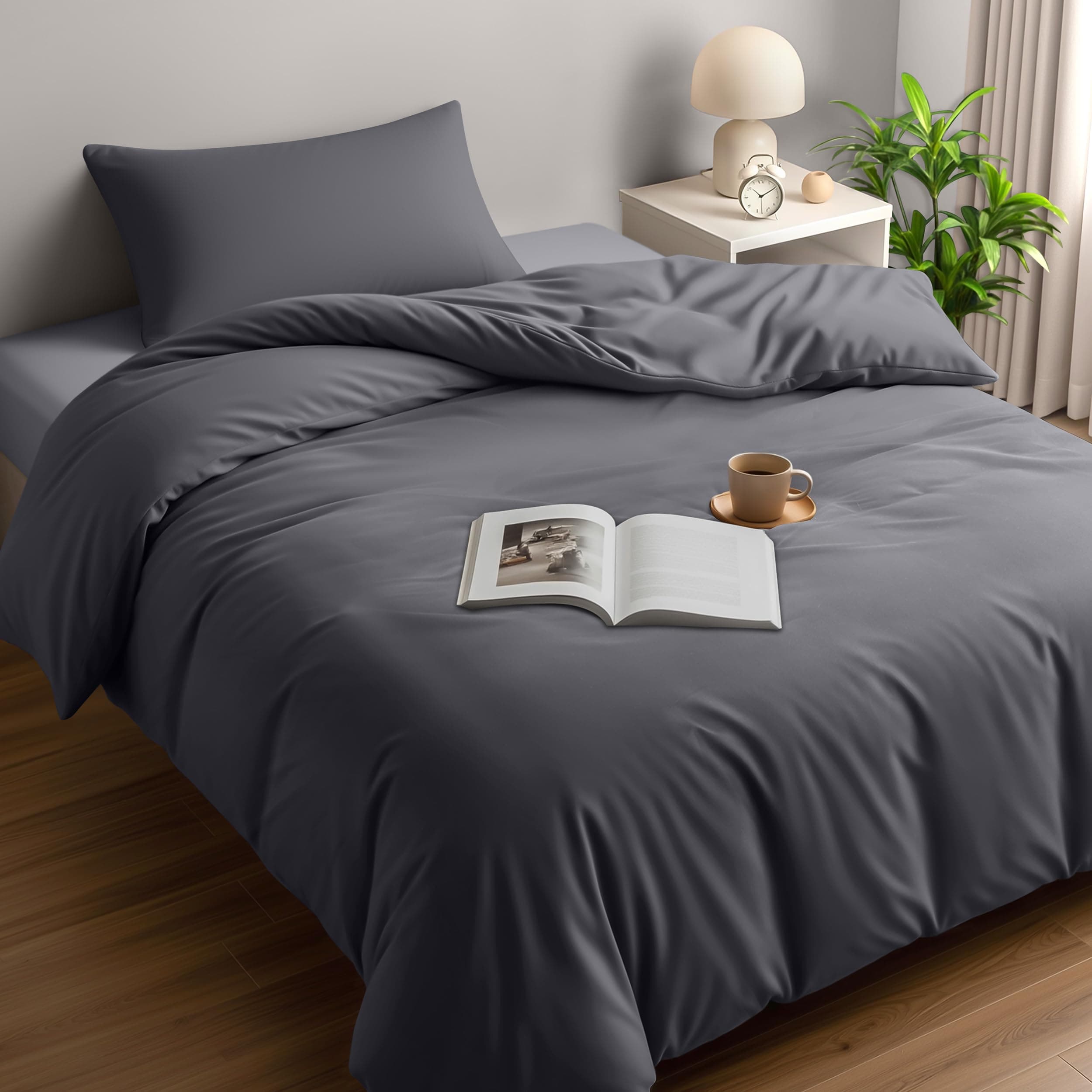 Single Duvet Cover Sets - Soft Microfibre Polyester Duvet Cover with Pillow case - Bedding Quilt Cover Set (Grey)