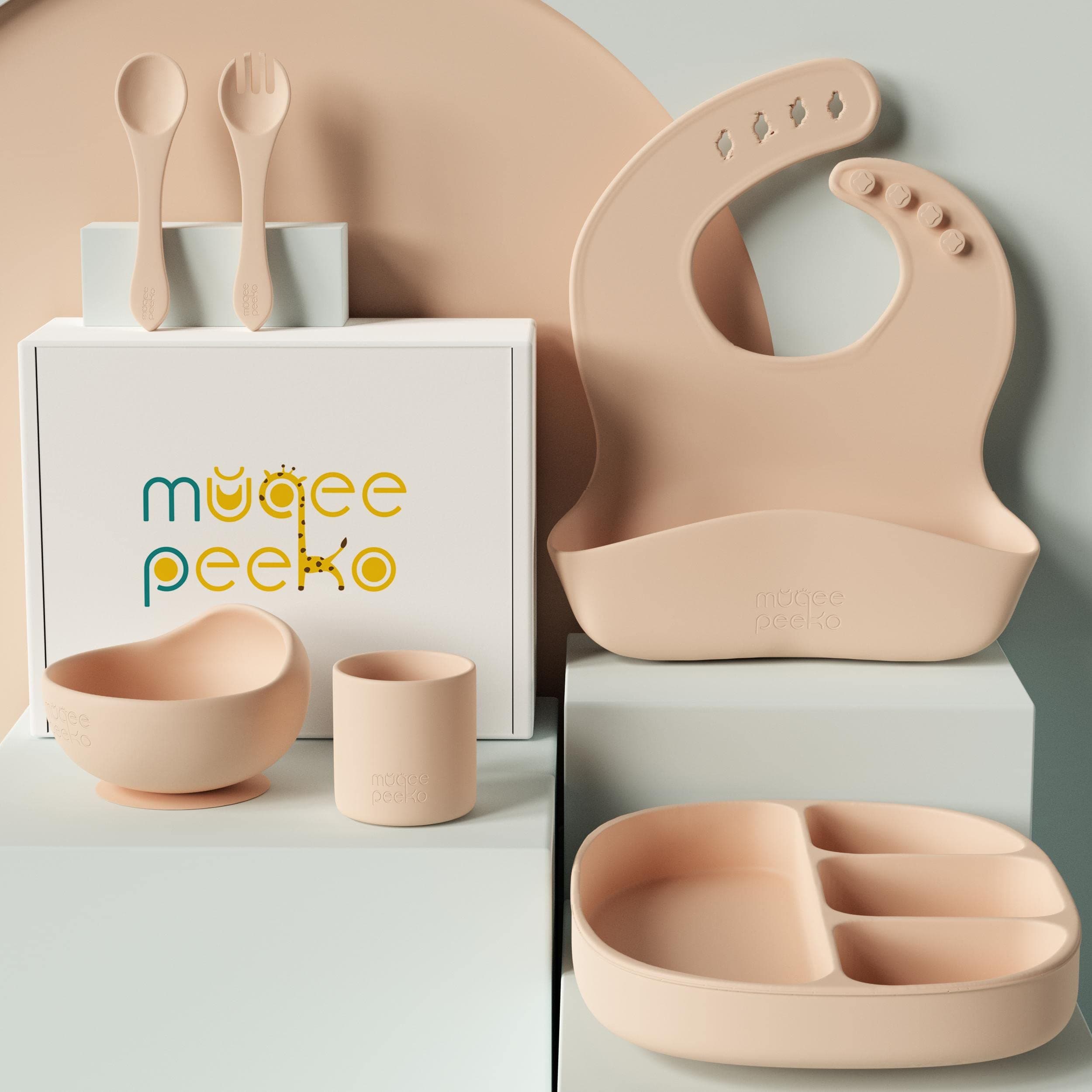 Baby Essentials by Muqee Peeko with BLW Supplies and Kids Feeding Sets - Food Grade Silicone (6 Piece Set)