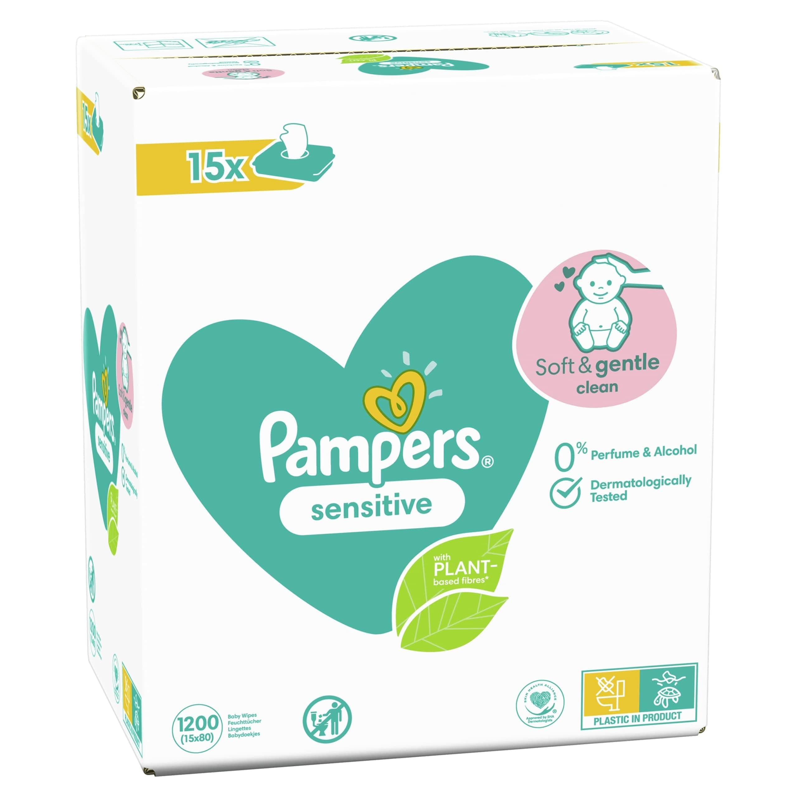 Pampers Baby Wipes Multipack, Sensitive, 1200 Wet Wipes (15 x 80), Baby Essentials for Newborn, Fragrance Free