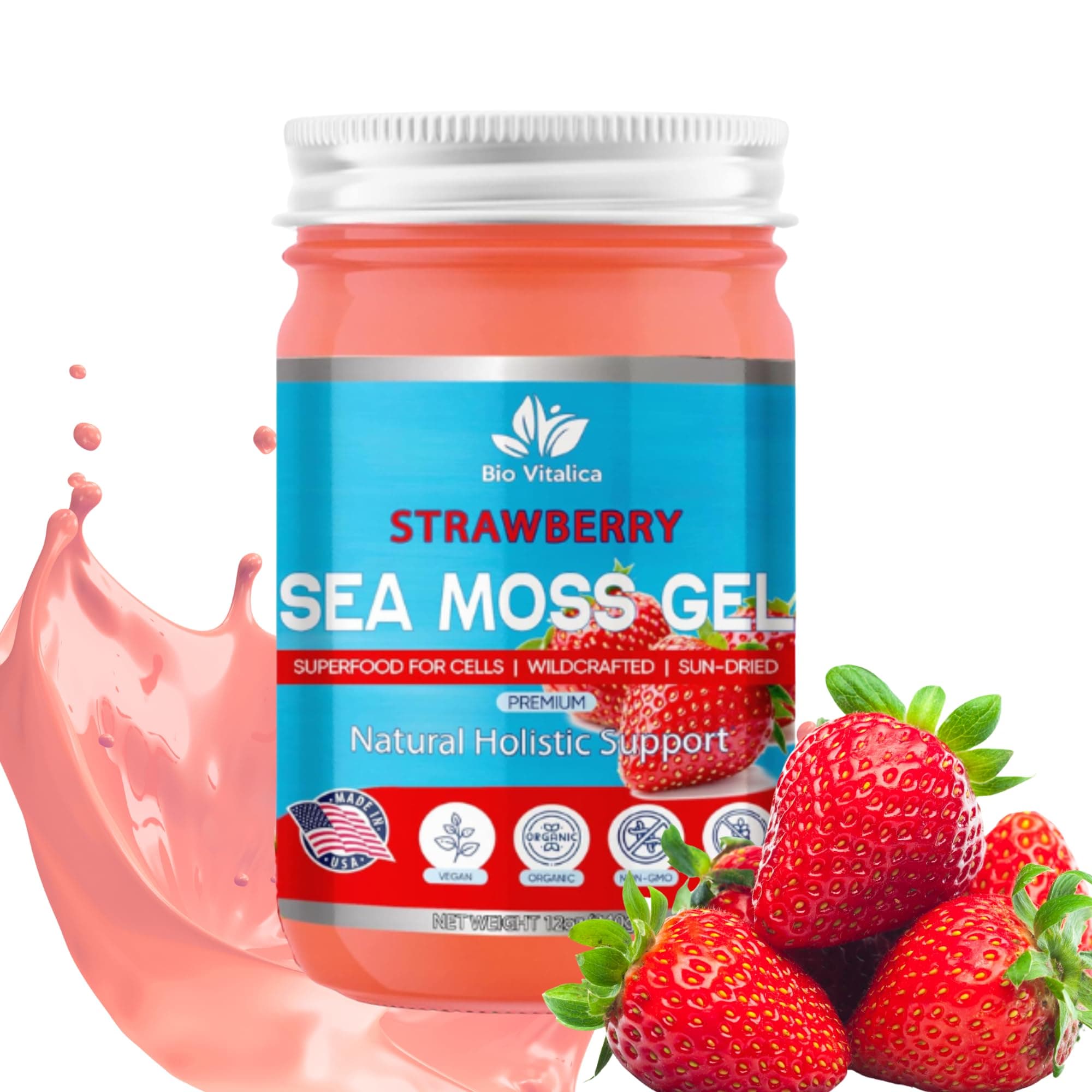 BIO VITALICA Sea Moss Gel by - Irish sea Moss raw Organic - Premium Quality - Dr Sebi, Vegan superfood for Cells - 100% Natural seamoss Gel (Strawberry Flavor)