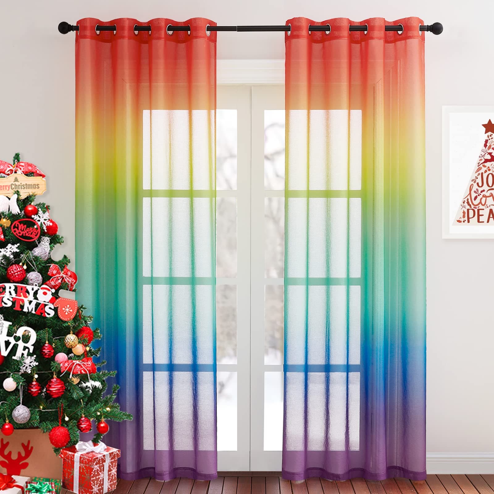 NICETOWN Rainbow Sheer Curtains for Bedroom Girls Room Decor 2 Tone Ombre Pattern Window Semi Short Sheer Curtains for Girly Nursery Kids Daughter Room (55 x 84 Inch Length, Set of 2)