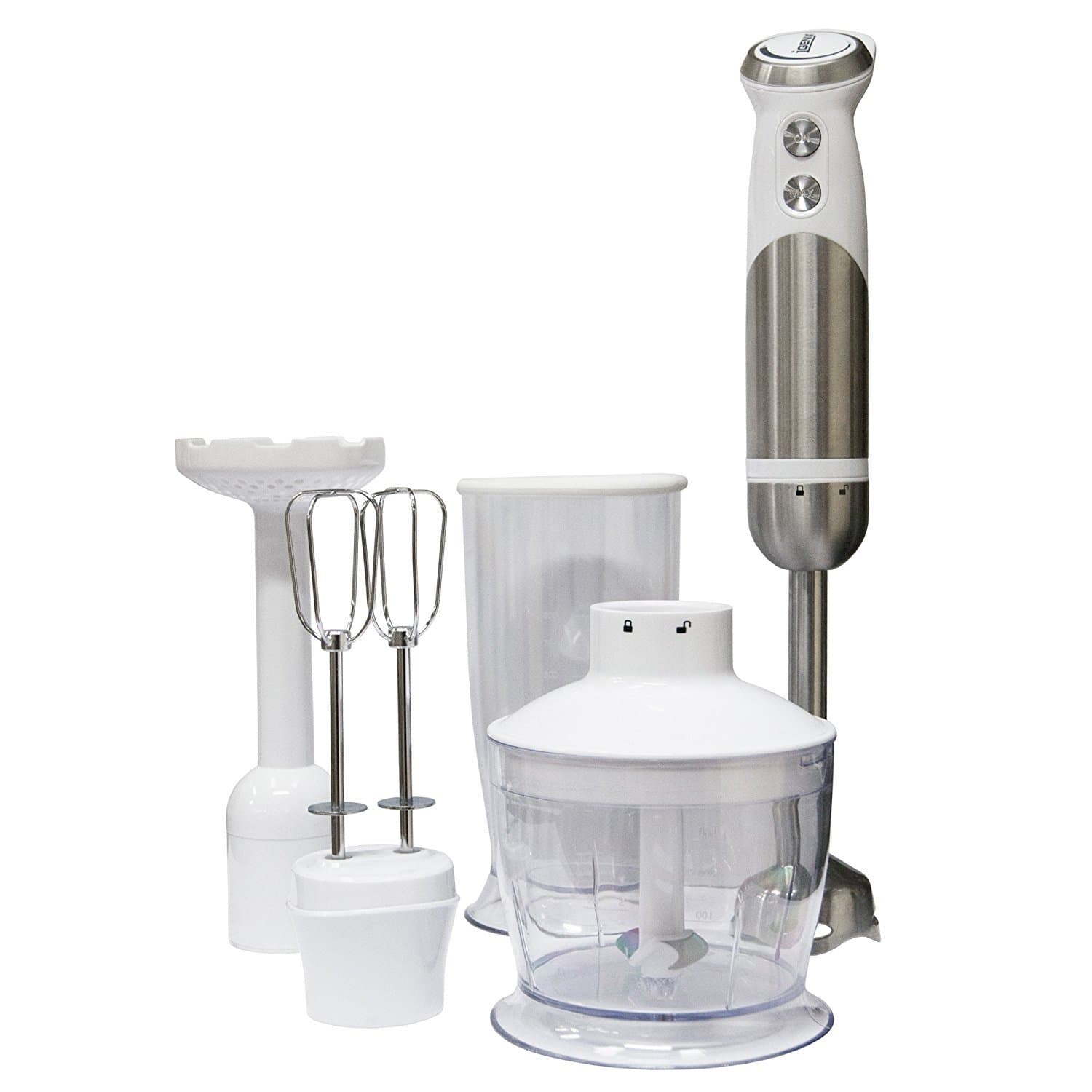 Igenix IG8654 Hand Blender with Beaker and Food Processor Bowl, 4-in-1 Immersion Blender with 2 Speeds and Turbo Button, Beater, Masher and Chopper Included, 800 W, White/Stainless Steel