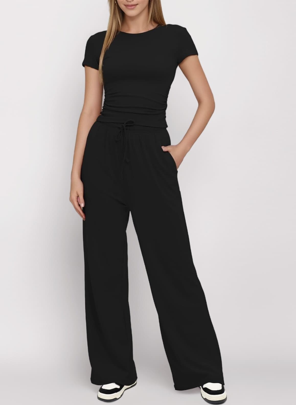 Summer 2 Piece Outfits Women Lounge Wear Sets Ruched Short Sleeve Crop Tops and High Elastic Waisted Wide Straight Leg Pants Tracksuit Activewear Casual Leisure Wear Sets