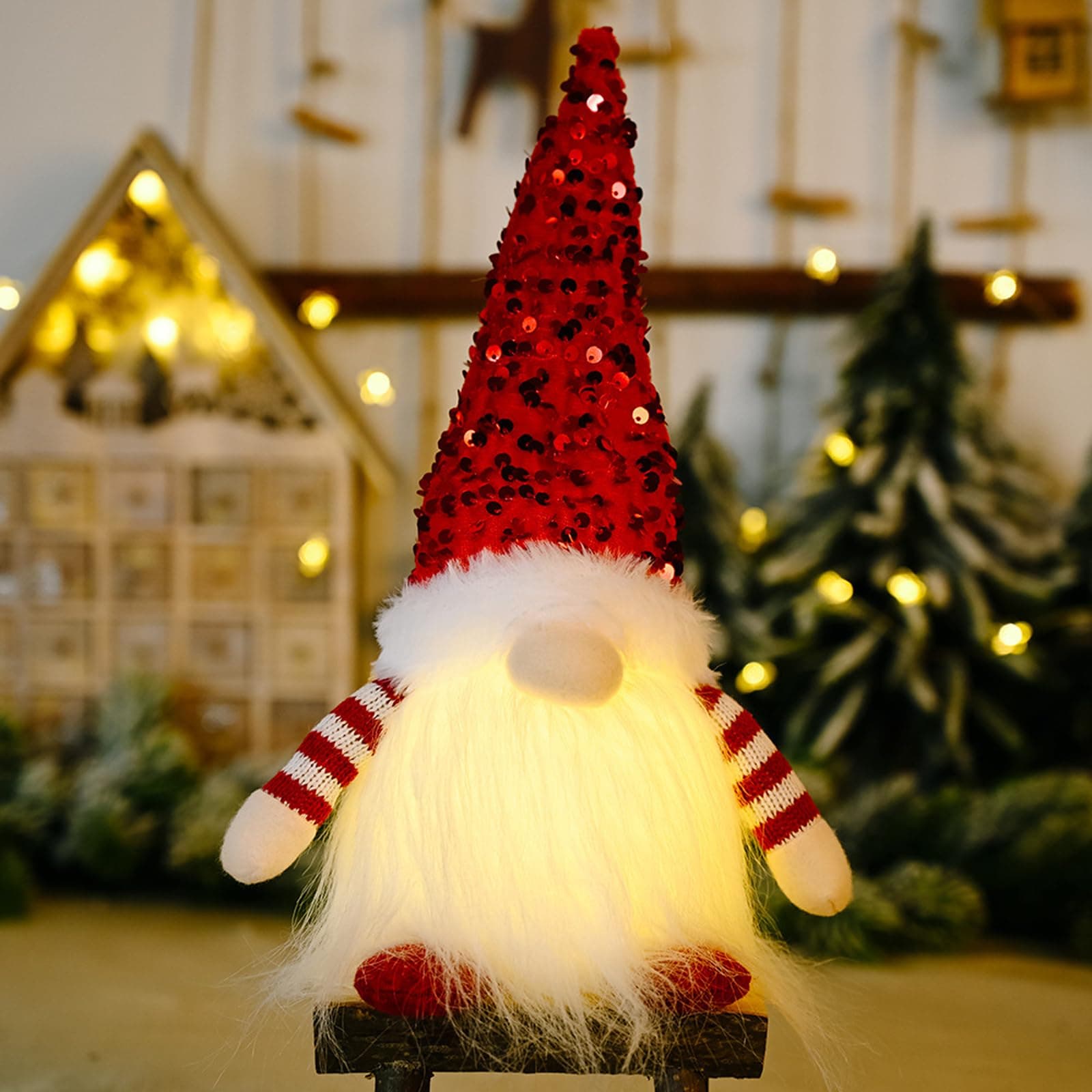 Lighted Christmas Gnome,Christmas Ornaments,Christmas Decorations,Handmade Sequins Hat, Light Up Plush Elf Toy Holiday Present, Operated Winter Tabletop Indoor Christmas Decorations