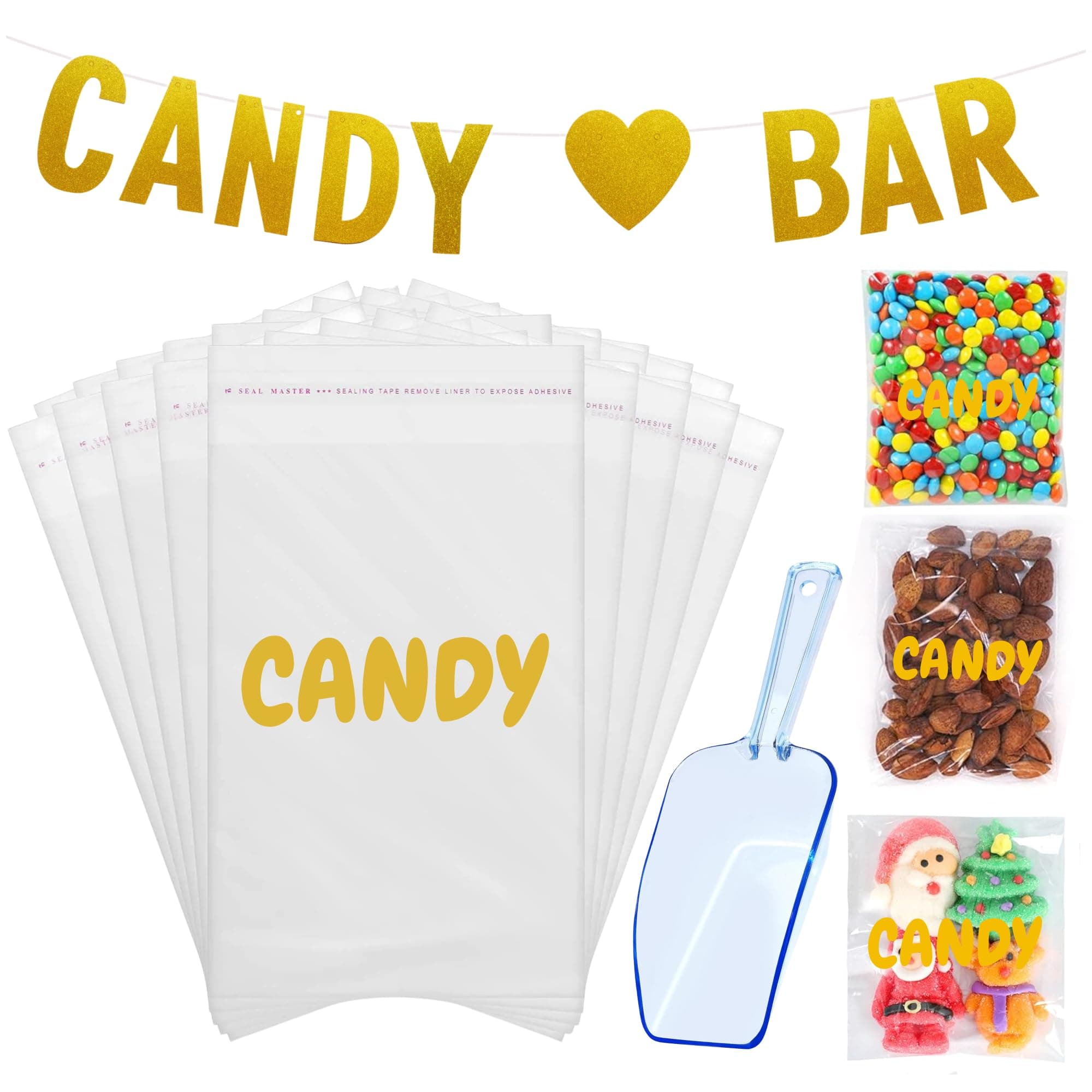 3-in-1 Candy Table Display Sets Bundle– 100pcs. Gold Party Favor Bags, Candy Scoops & Bar Banner – Halloween treat bags, Halloween goodie bags, cellophane treat bags, candy bags for party favors