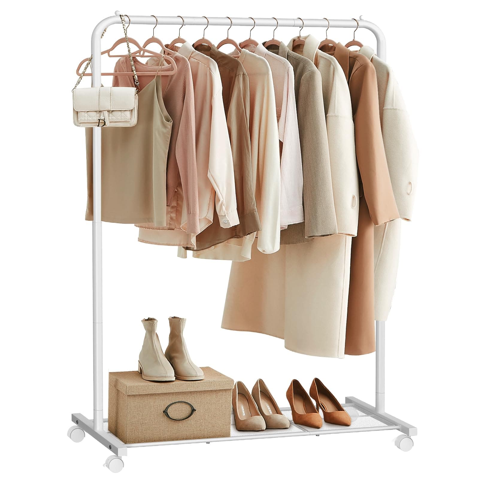 SONGMICS Clothes Rack on Wheels, Metal Clothing Rail for Bedroom, 91 cm Long Hanging Rail with Storage Shelf, 2 Lockable Wheels, Holds up to 40 kg, White