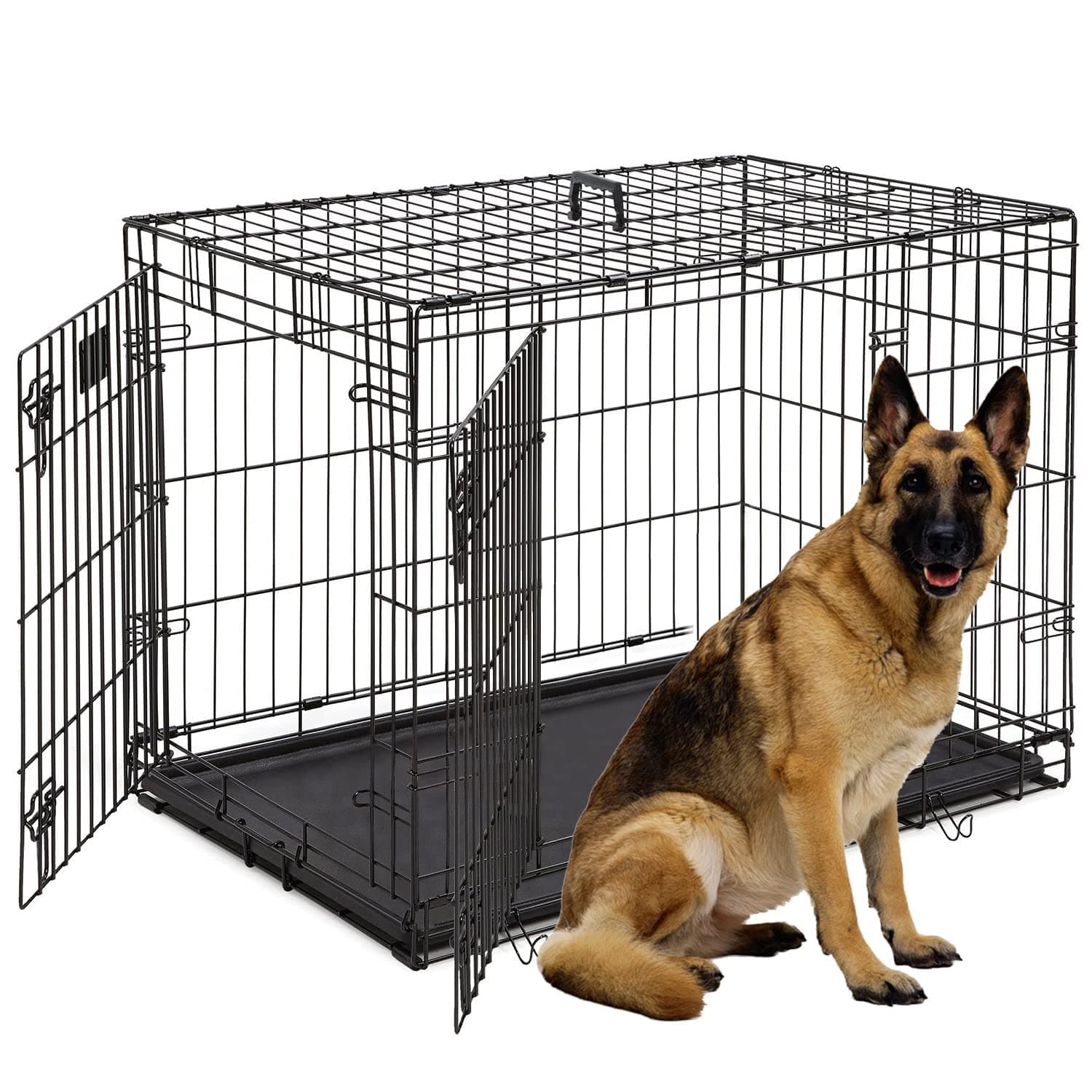Large Dog Crate, 48 Inch Dog Cage Dual Door Metal Dog Cage with Divider Panel, Leak-Proof Pan, Indoor Outdoor Folding Pet Dog Kennel for Large Pet Animals