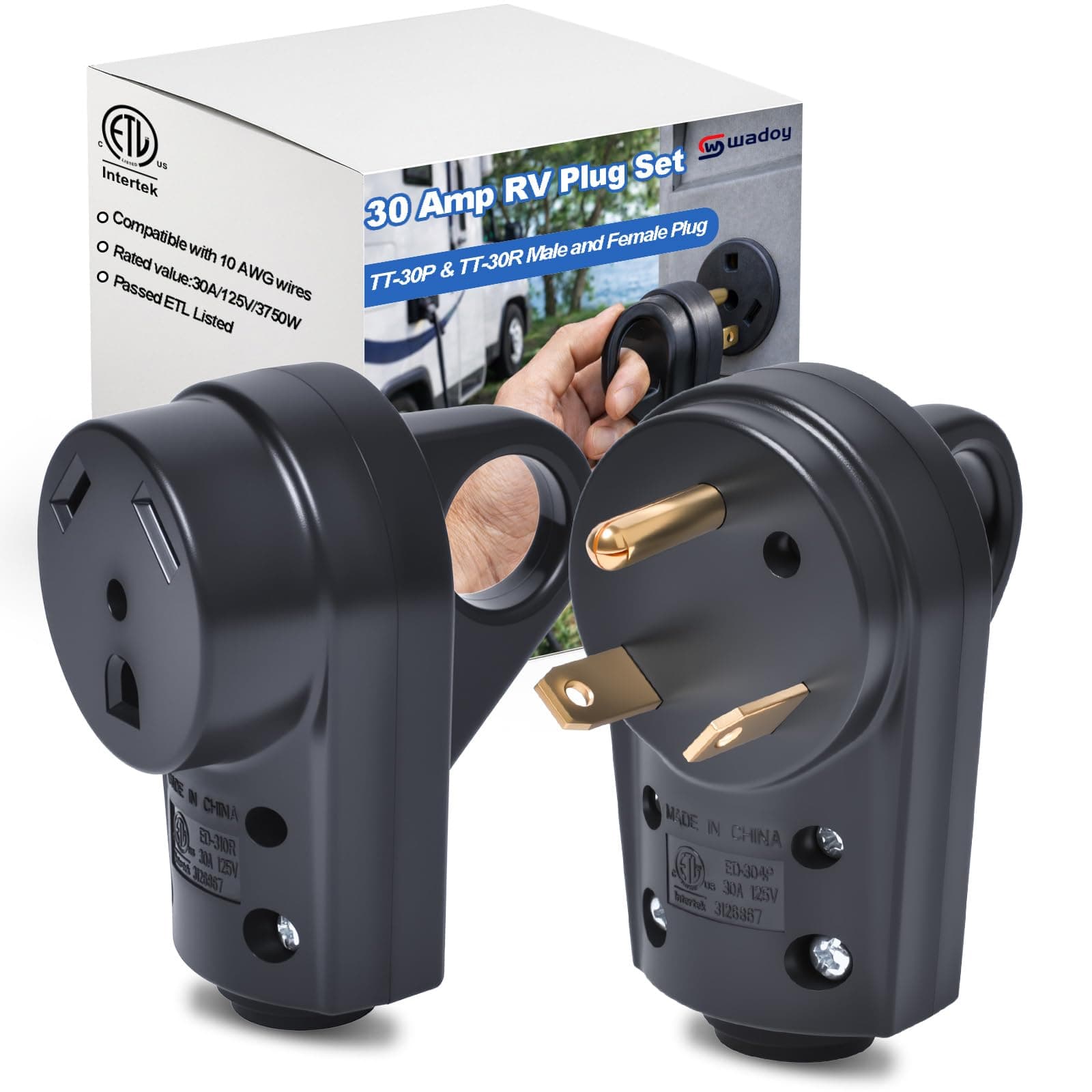 30 Amp RV Plug Set, Male & Female 30A/125V Replacement Plugs with Pull Handle – Heavy-Duty Heat-Resistant Housing, Fits Standard TT-30P RV Power Cords (55245)