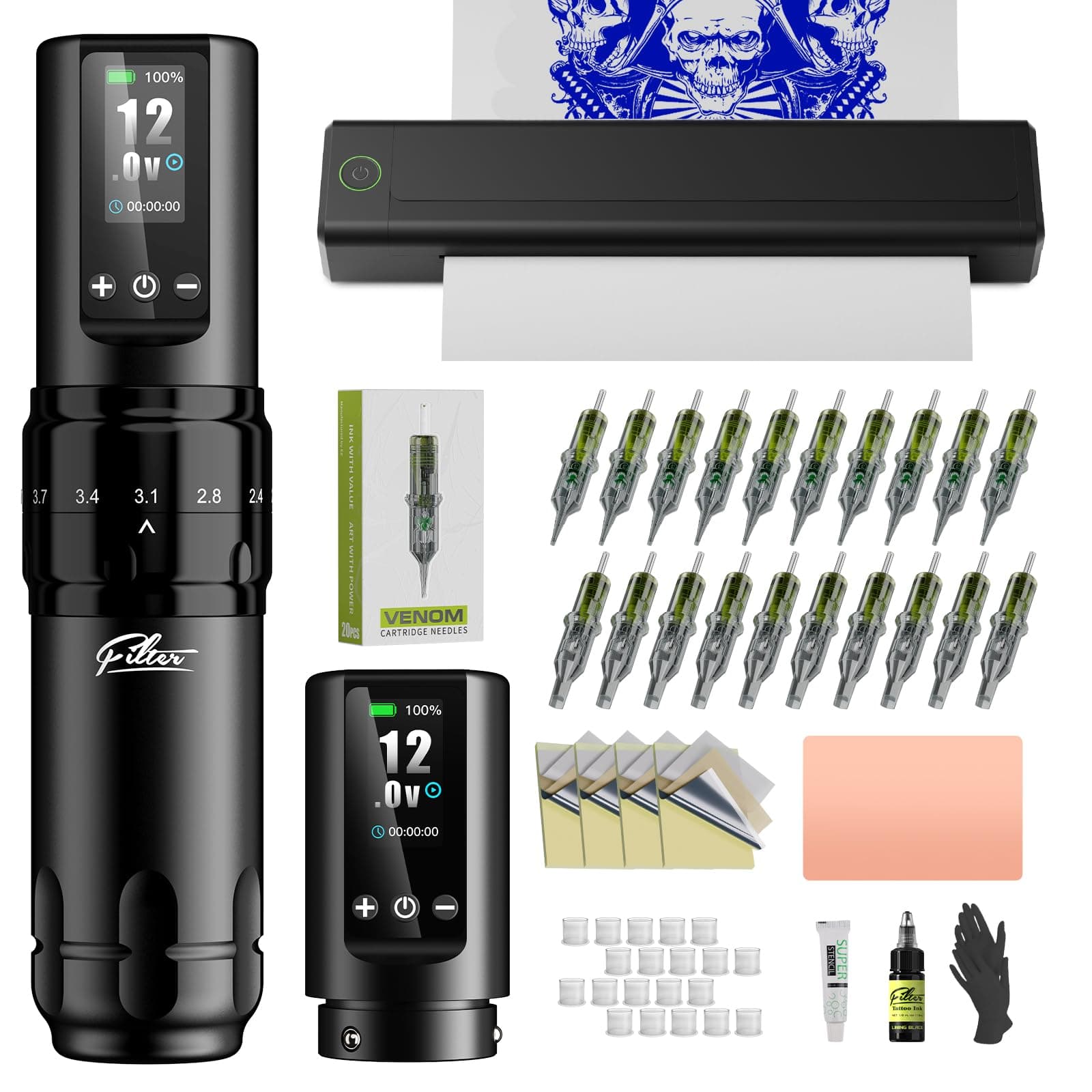 Tattoo Stencil Printer Kit - Printer Machine with 7 Strokes 2.0-4.0mm Tattoo Gun Machine, Extra 1600mAh Power Supply, 20Pcs Tattoo Cartridge Needles for Beginners and Artists
