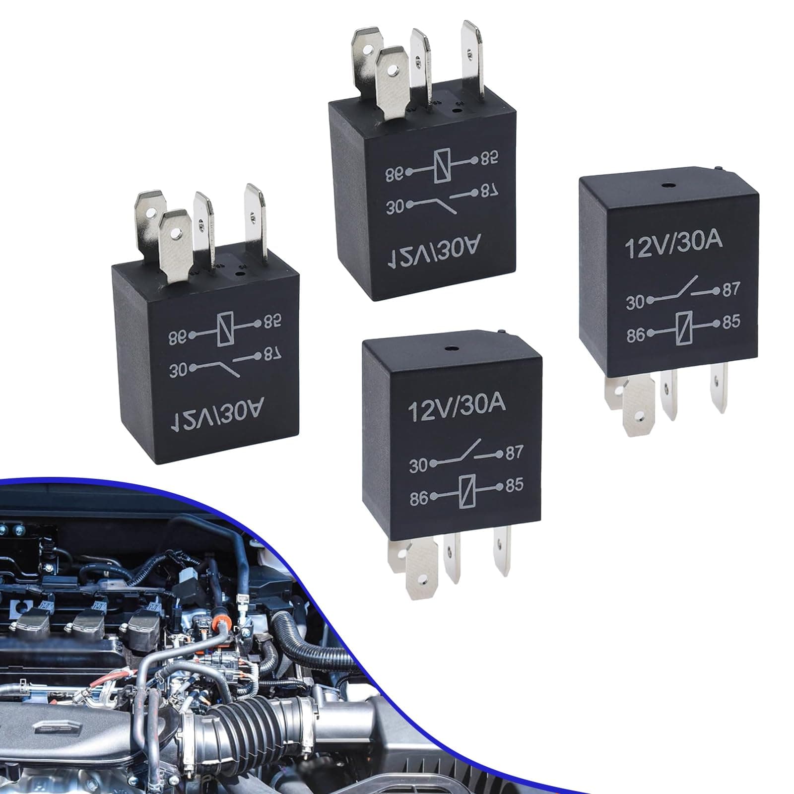 Pack-4 Automotive 4 Pin Relay, DC12V 30A Oil Pump Starter Audio Universal Relay, Flame-Retardant Housing Waterproof Starting Relay, Multi-Functional Motor Replacement for Most Car (Black)