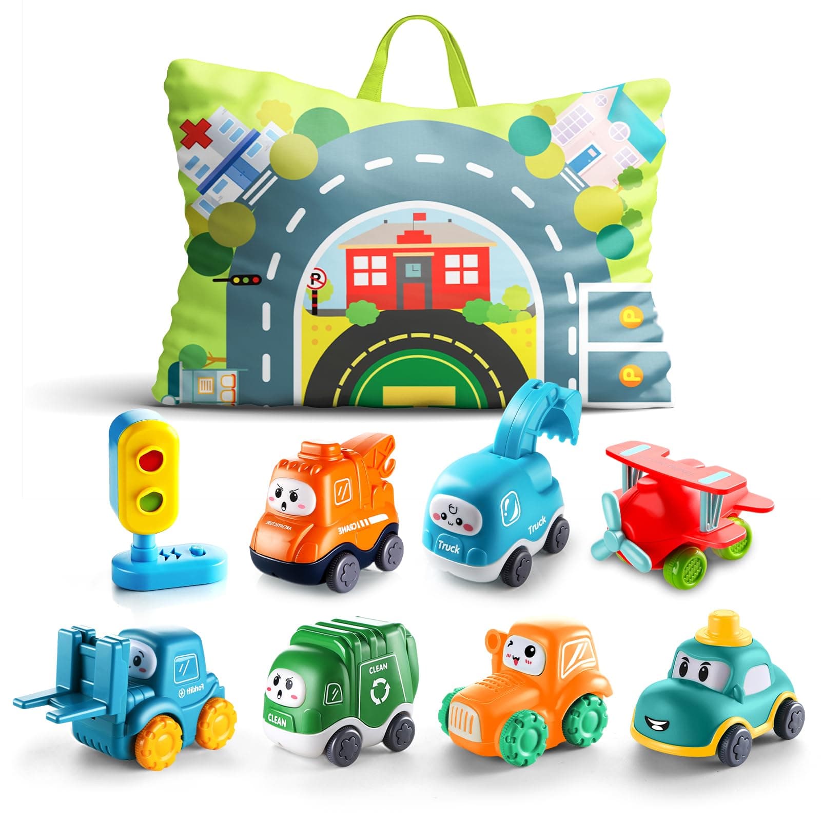 ALASOU Baby Cartoon Car Toys with Playmat/Storage Bag|1st Christmas Birthday Gifts for Toddler Age 1-2|Baby Toys for 1 2 3 Year Old Boy|1 2 Year Old Boy Gift for Infant|Stocking Stuffers for Kids