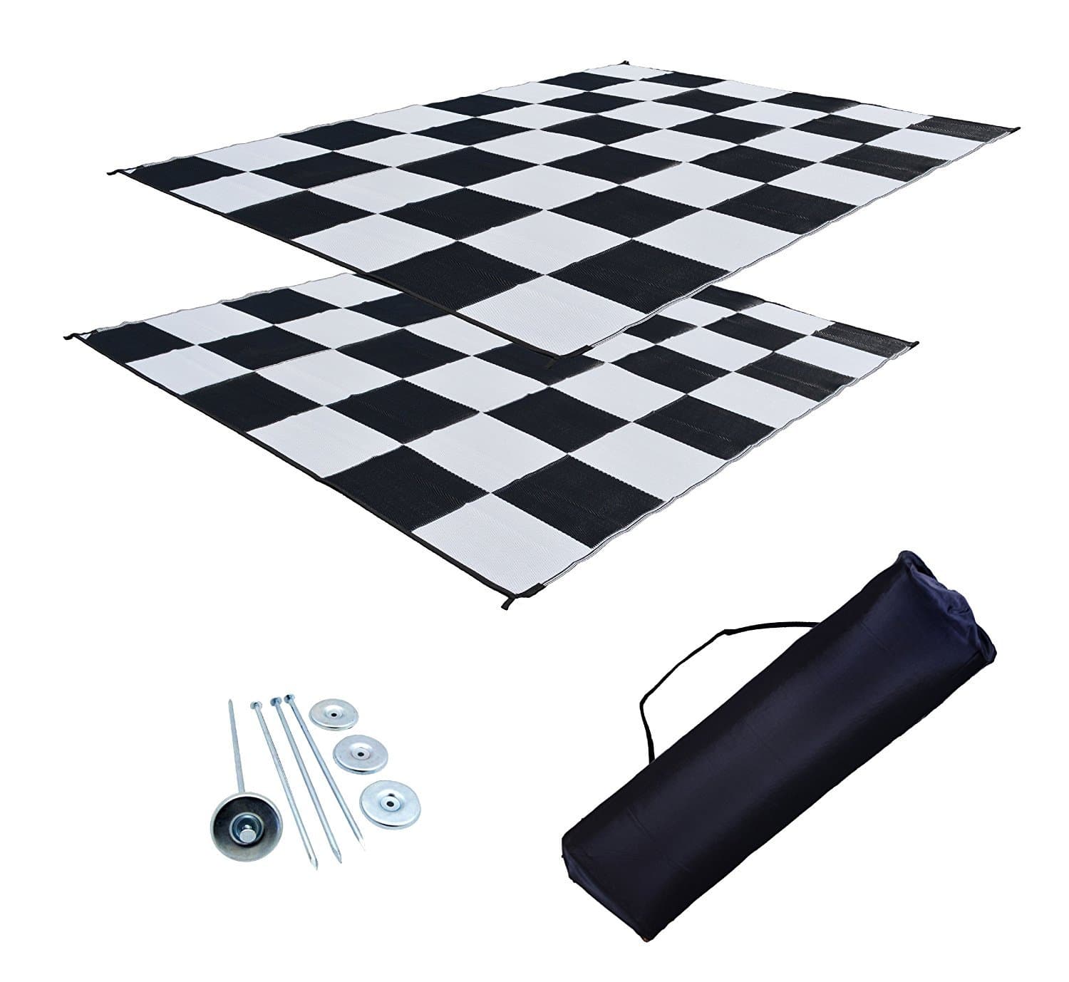 by EZ Travel Mats Reversible RV Outdoor Rug for Backyards, Beaches, Camping Grounds, Patios, and More, Storage Bag and Mat Stakes Included, Black/White/Checker (9x18)