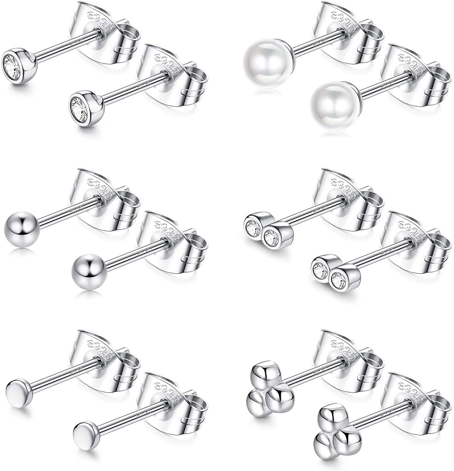 Adramata 6 Pairs 925 Sterling Silver Stud Earrings for Women Egirl Tiny Pearl Ball CZ Stud Earrings Cute Hypoallergenic Cartilage Earrings 2-4mm