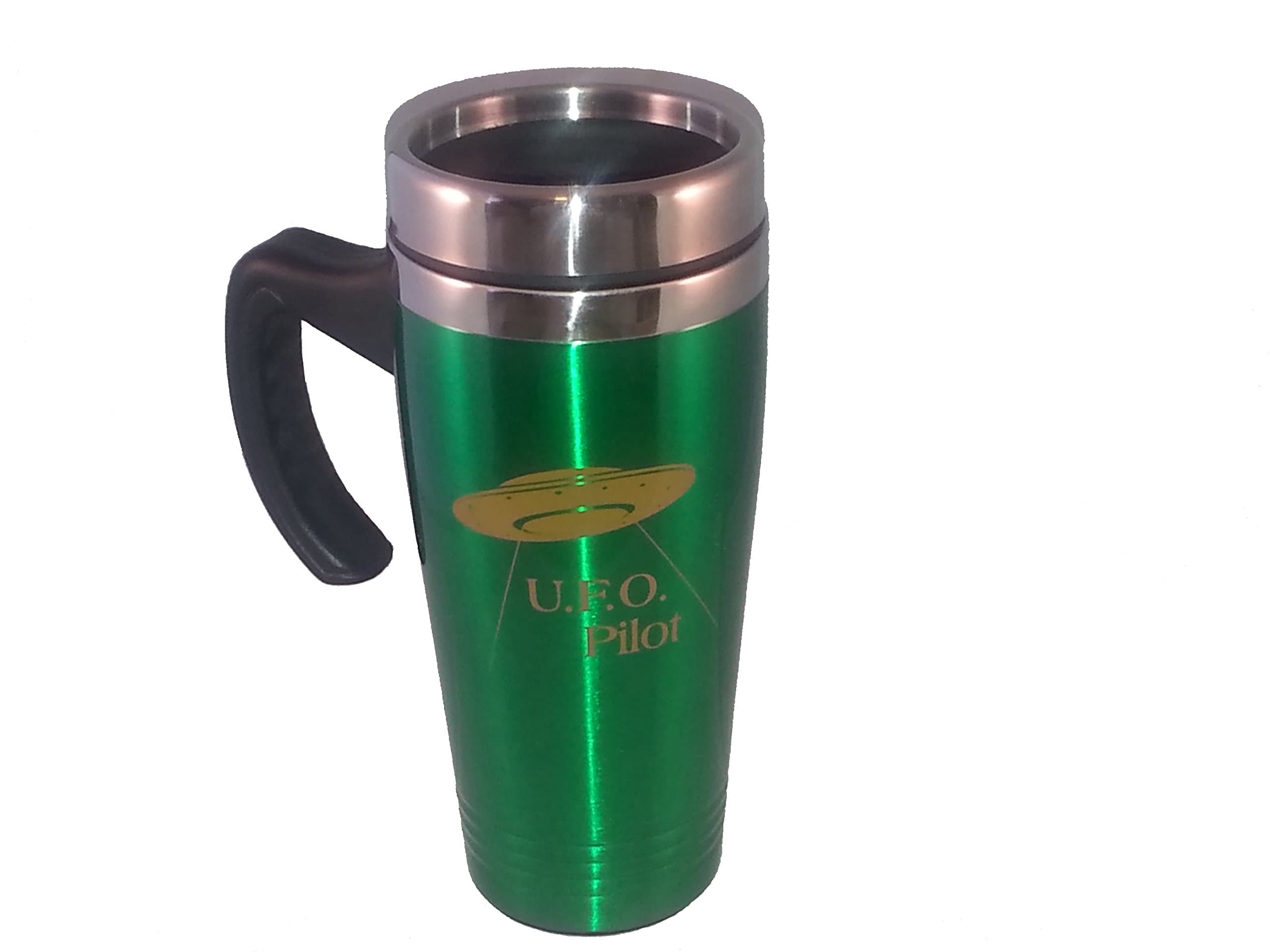 Travel Insulated Mug - Stainless Steel Coffee Tumbler - 14 Oz - Thumb Slide Lid - Attention Grabbing UFO Pilot Logo (Green)