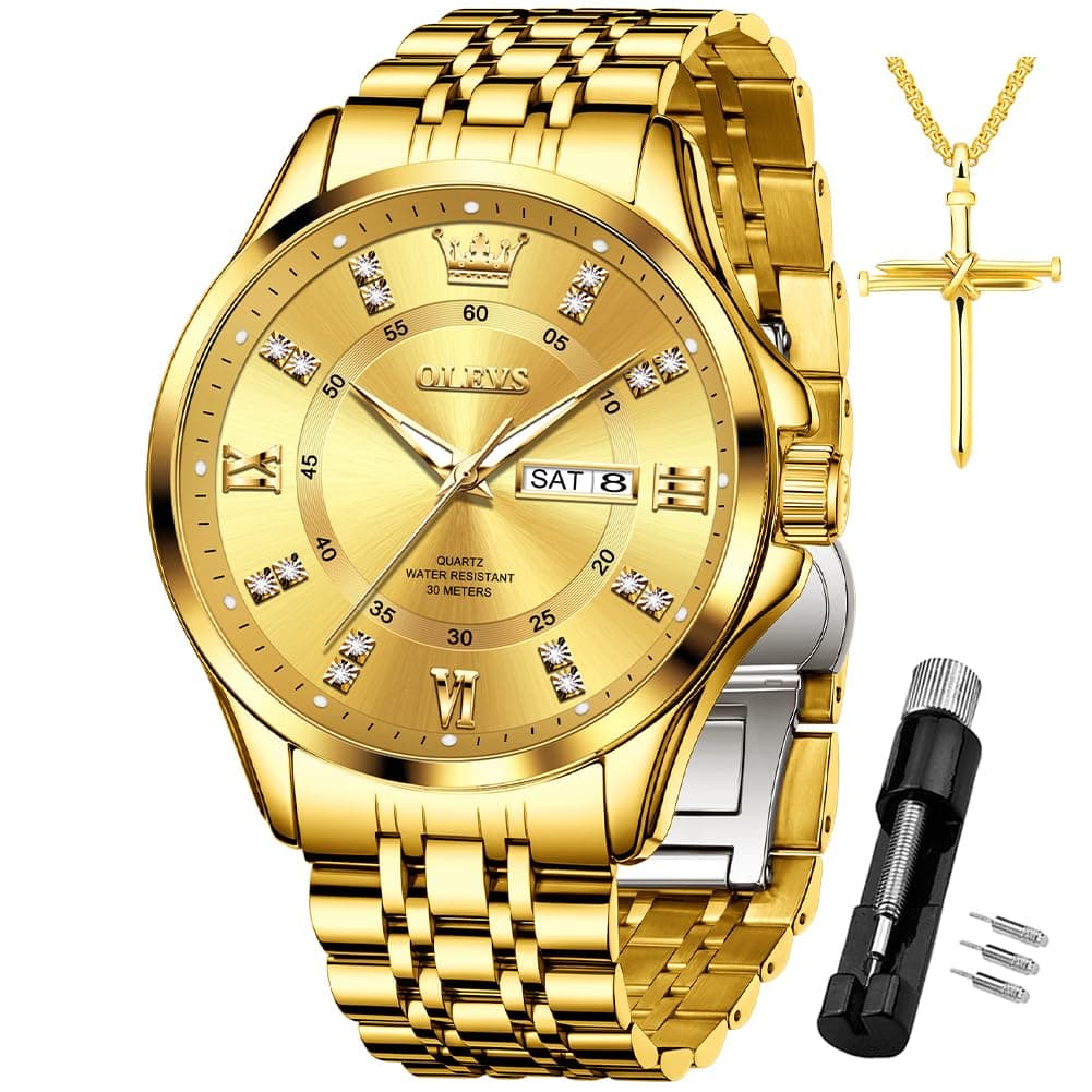 Diamond Watches for Men,Business Dress Watch Waterproof Luminous,Male Golden Big Dial Luxury Casual Quartz Analog Watches with Day Date Calendar and Stainless Steel Band