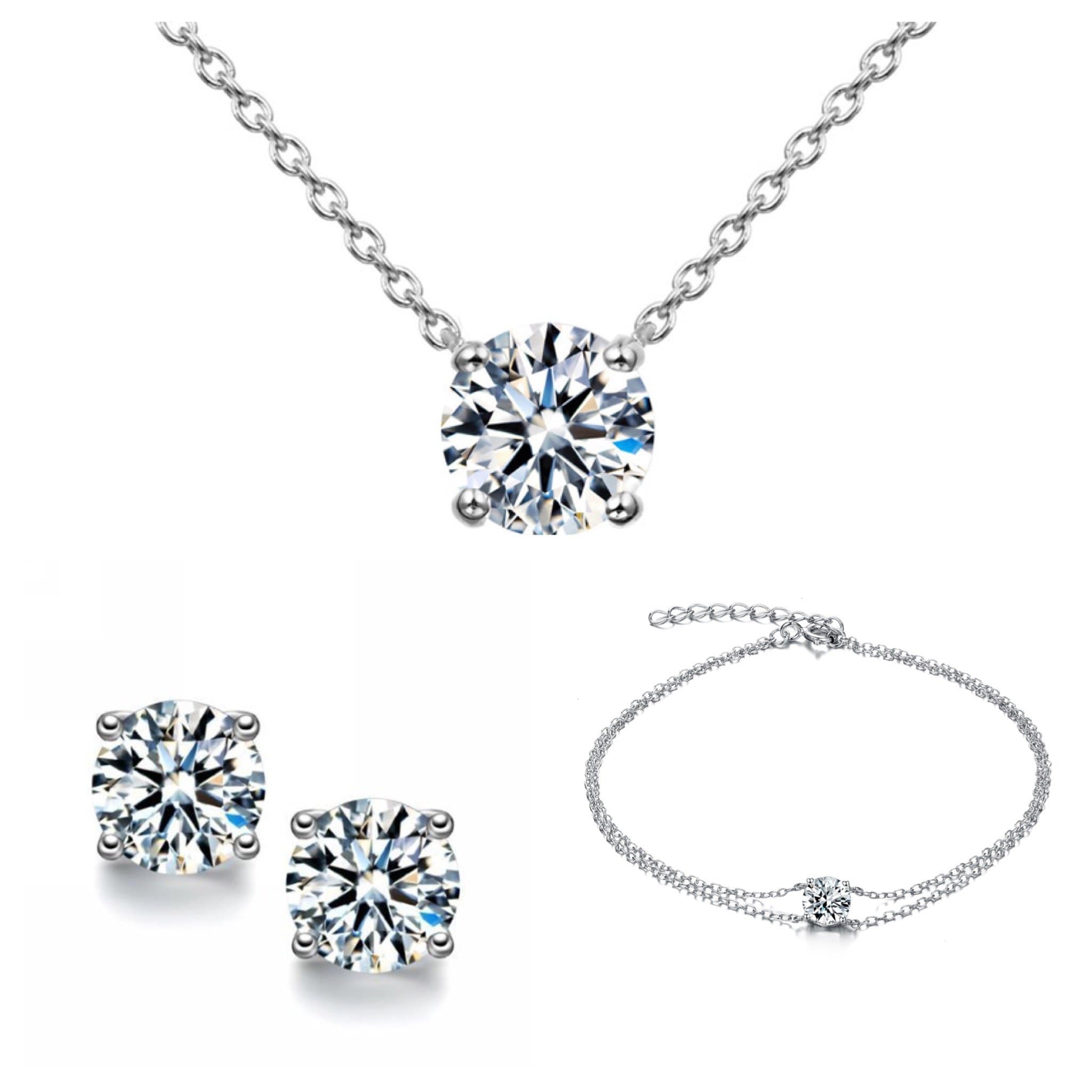 Jewellery Set Women Beautiful 925 Silver Solitaire Bracelet Matching Earrings and Matching Necklace Classic Jewellery Set Simple Friendship Bracelet