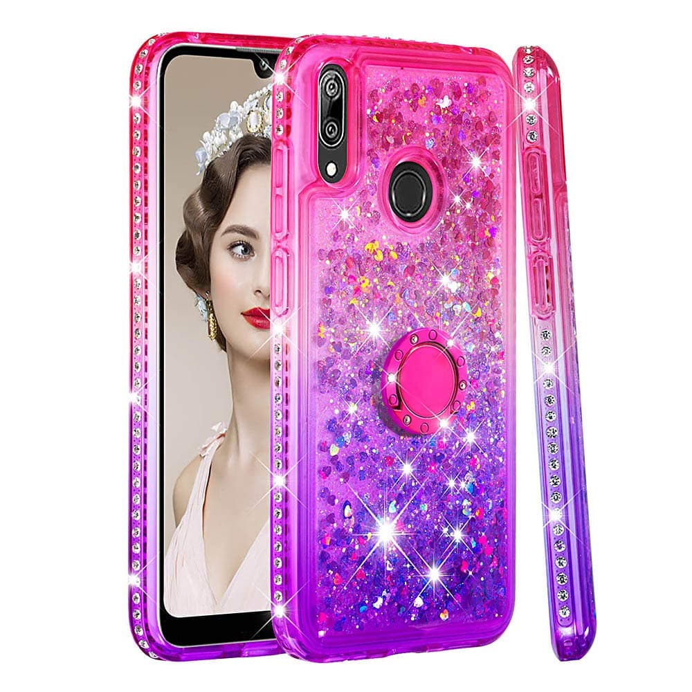SUNWAYS Cute Case for Huawei Y7 Prime 2019 Girls Bling Sparkle with Ring Buckle Sidetrack Gradient Quicksand TPU Phone Case Pink Purple