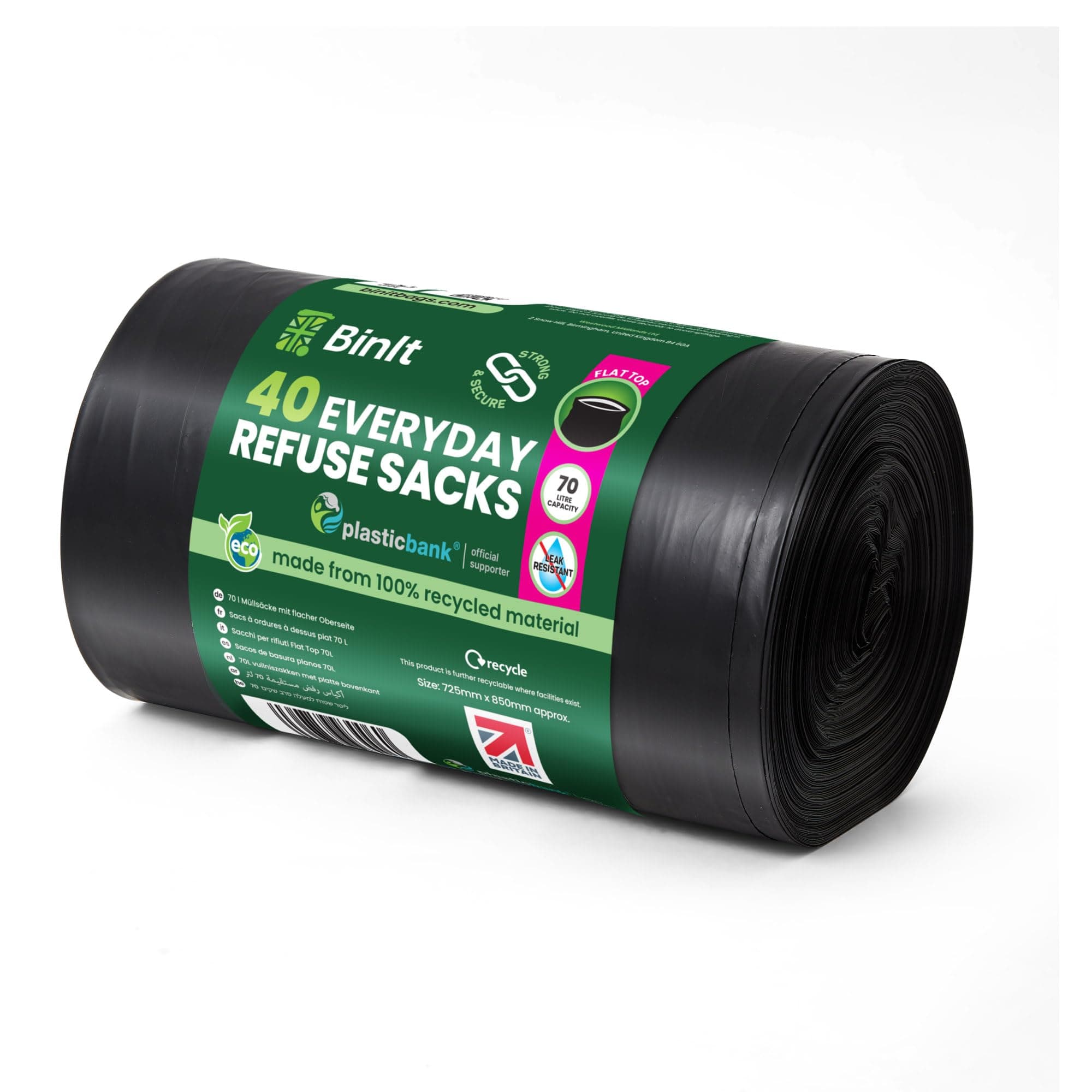 40 Everyday 70L Strong & Secure, Refuse Sacks, Bin Bags, Bin Liners, Flat Top, Recycled, Tear Resistant, 30 μm, Perfect for Everyday Use, Household, Office, Kitchen & Caterers