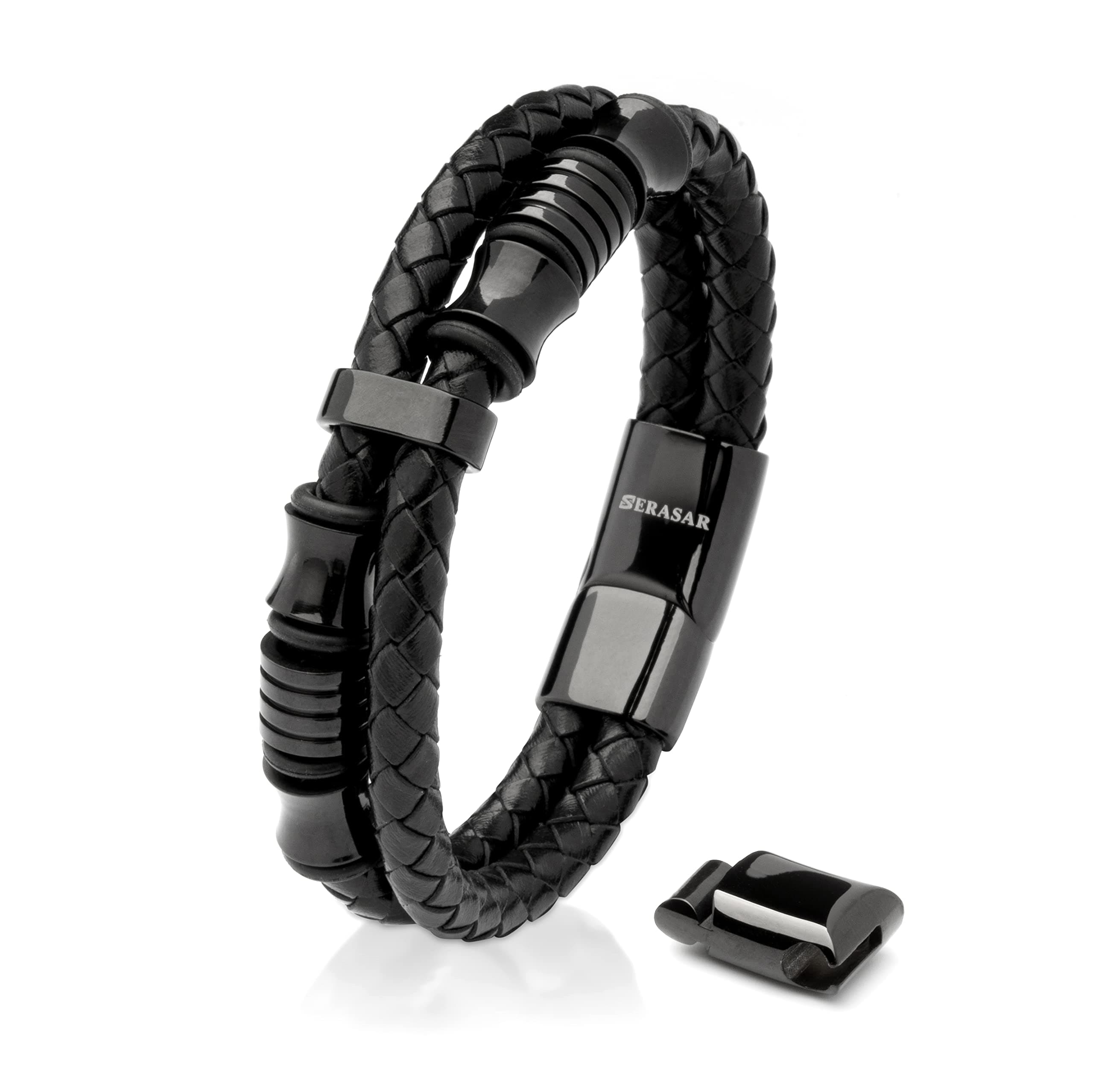 SERASAR Premium Leather Bracelet for Men - Magnetic Stainless Steel Clasp in Black, Silver and Gold - With Jewelry Box - Great Gift Idea
