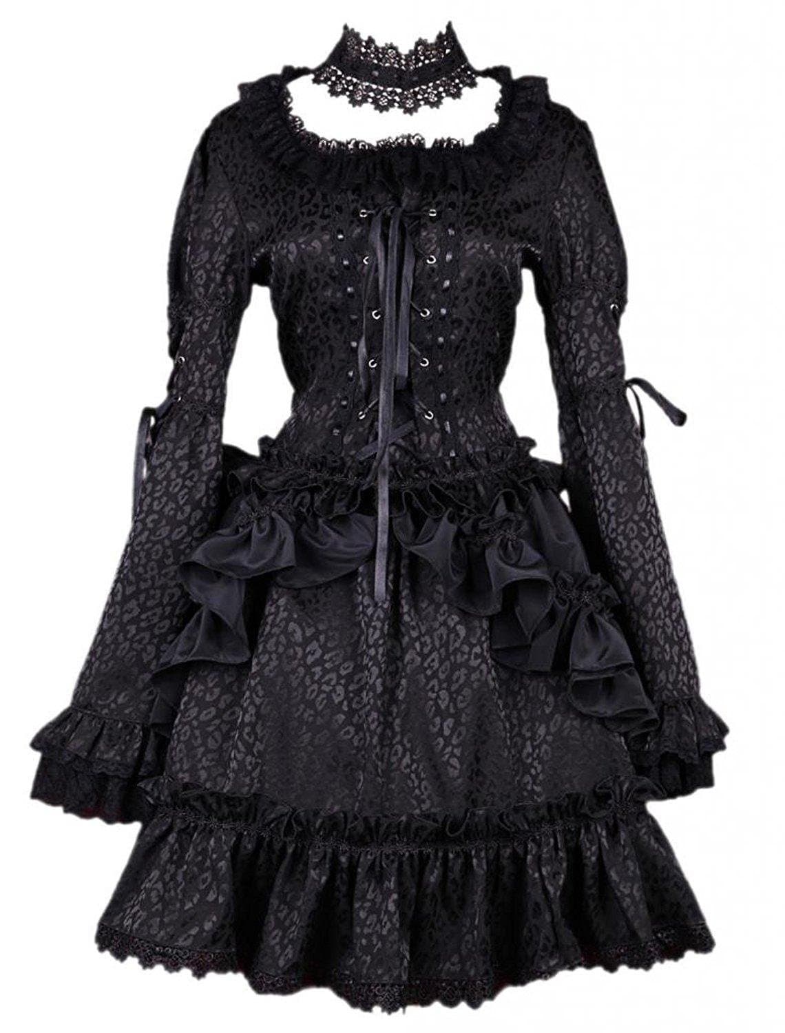 AincluWomens Black Satin Square Neck Long Sleeves Ruffles Gothic Lolita Dress
