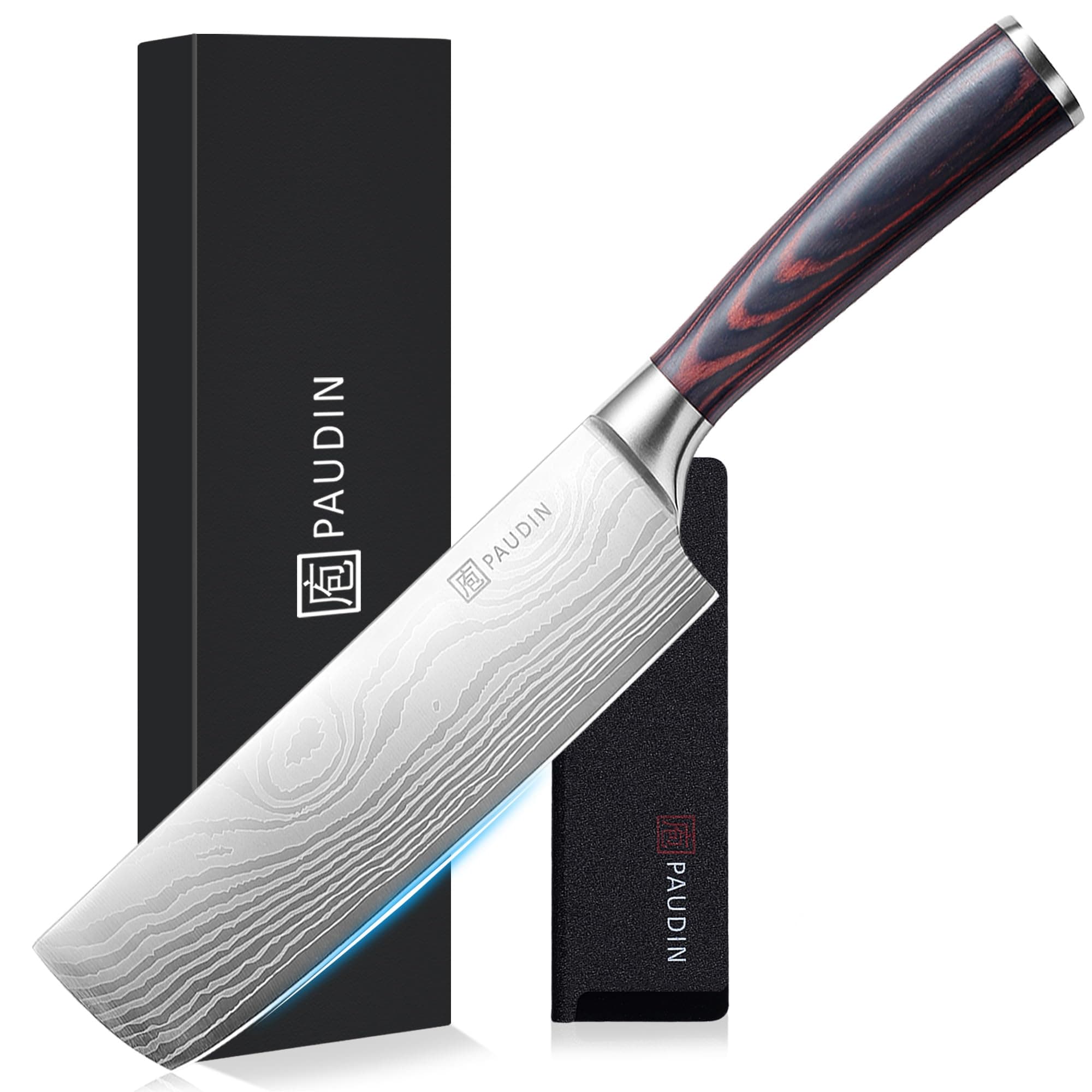 PAUDIN (PAUDIN) Vegetable Cutting Knife 6.5 inches with Sheath, Cuts Hard Vegetables, Sharp Knife, Meat Cutting, Vegetable Knife, Damascus Pattern, Double Edge, Left-Handed Compatible, High Carbon