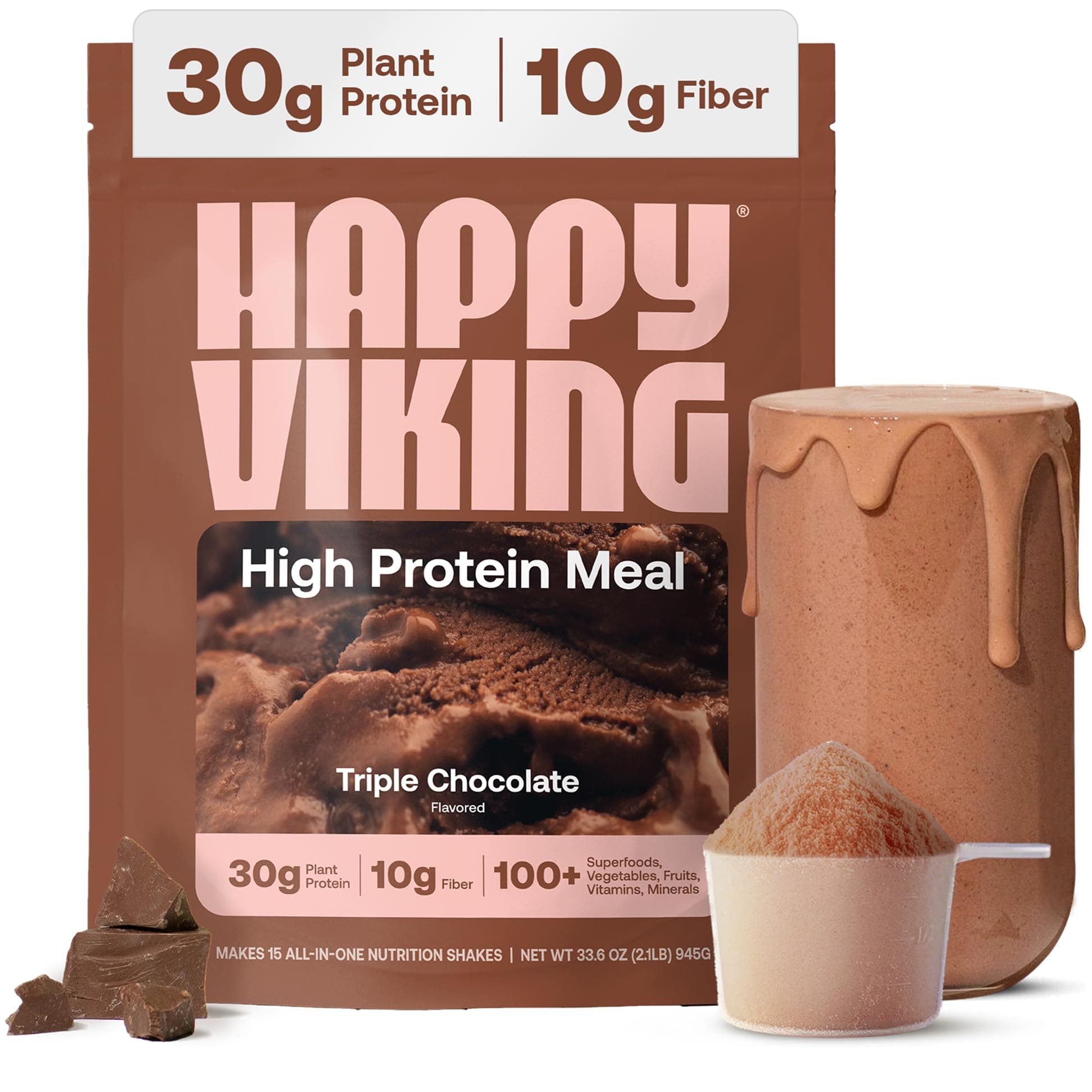 Happy Viking Plant-Based Protein Powder +100 Superfoods Chocolate Meal Replacement Shake, Created by Venus Williams, 30g Plant Protein, 10g Fiber, Vegan, Gluten-Free, Non-GMO,15 Meals
