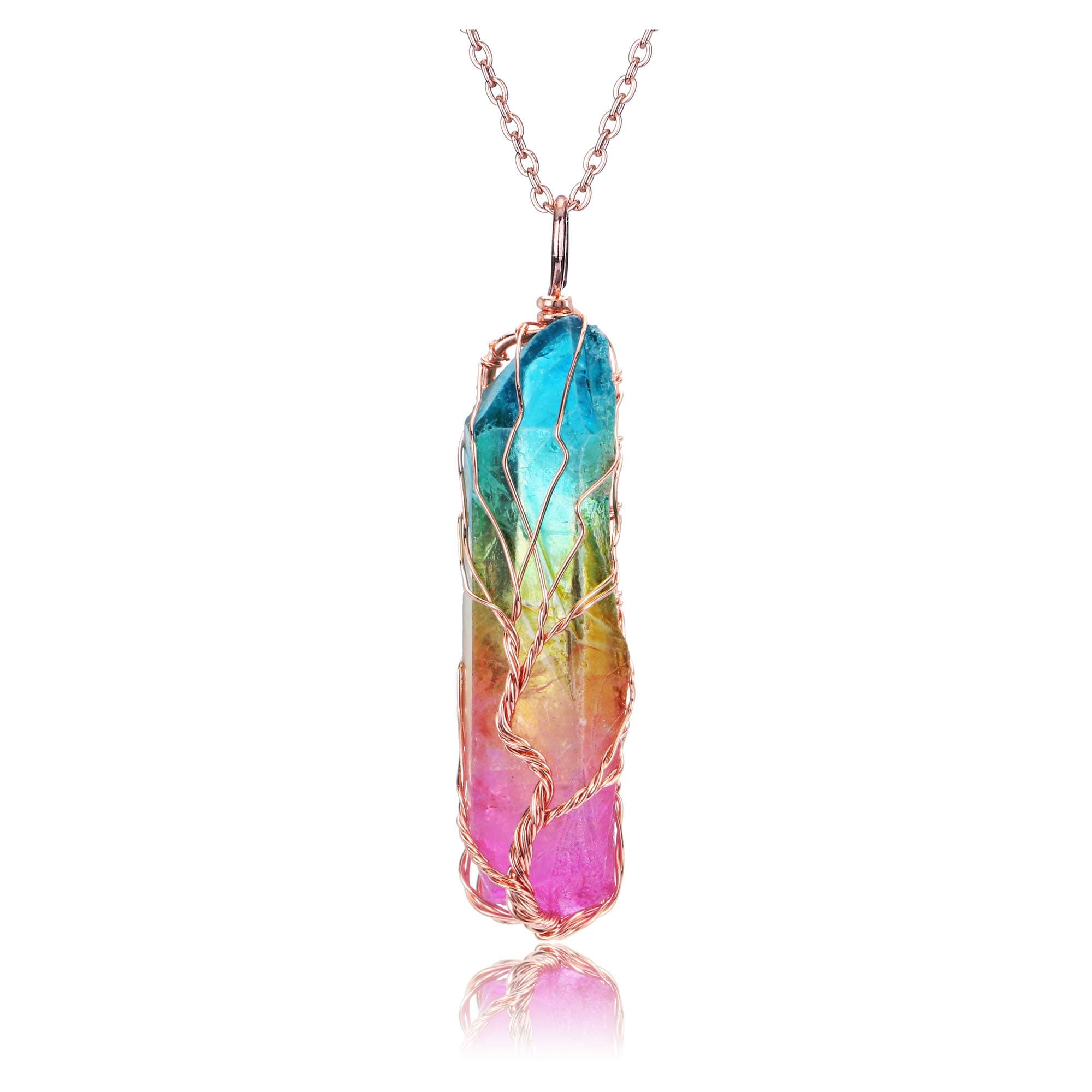 Jovivi Tree Life Titanium Coated Rainbow Rock Quartz Chakra Crystal Necklace