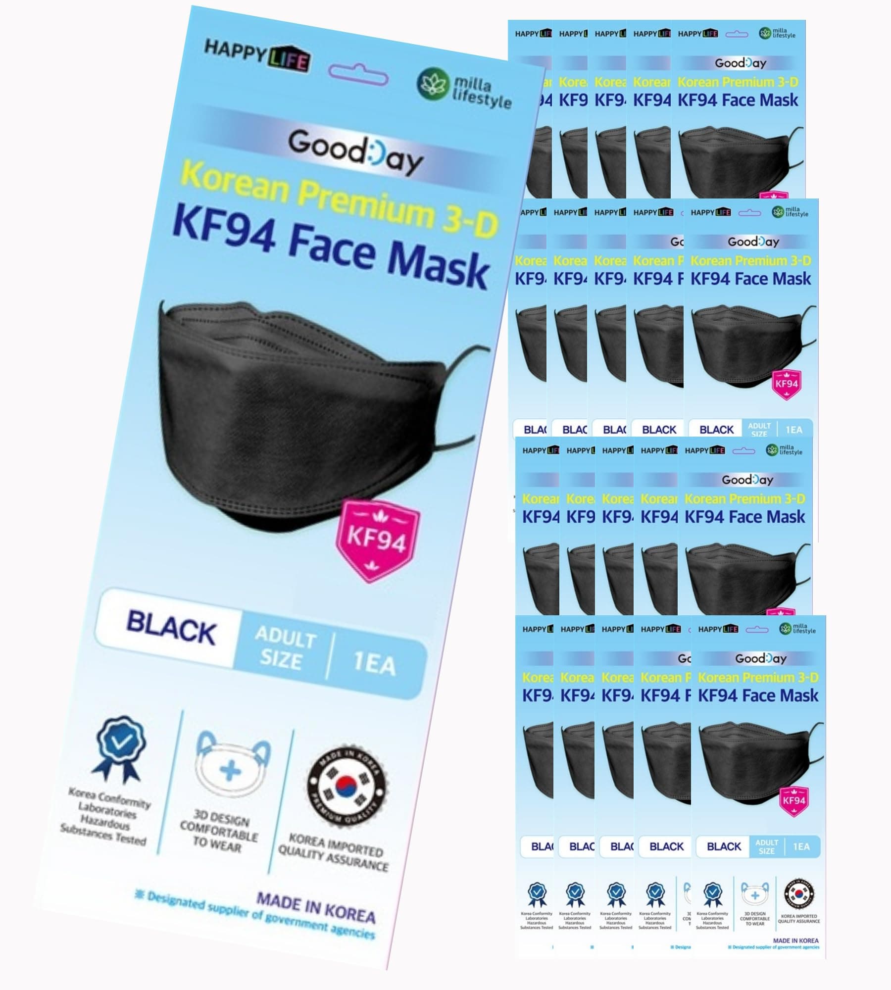 (Pack of 20) Korea Black Disposable KF94 Face Masks 4-Layer Filters Breathable Comfortable Protection, Protective Nose Mouth Covering Dust Mask Made in Korea. By FLEXMON