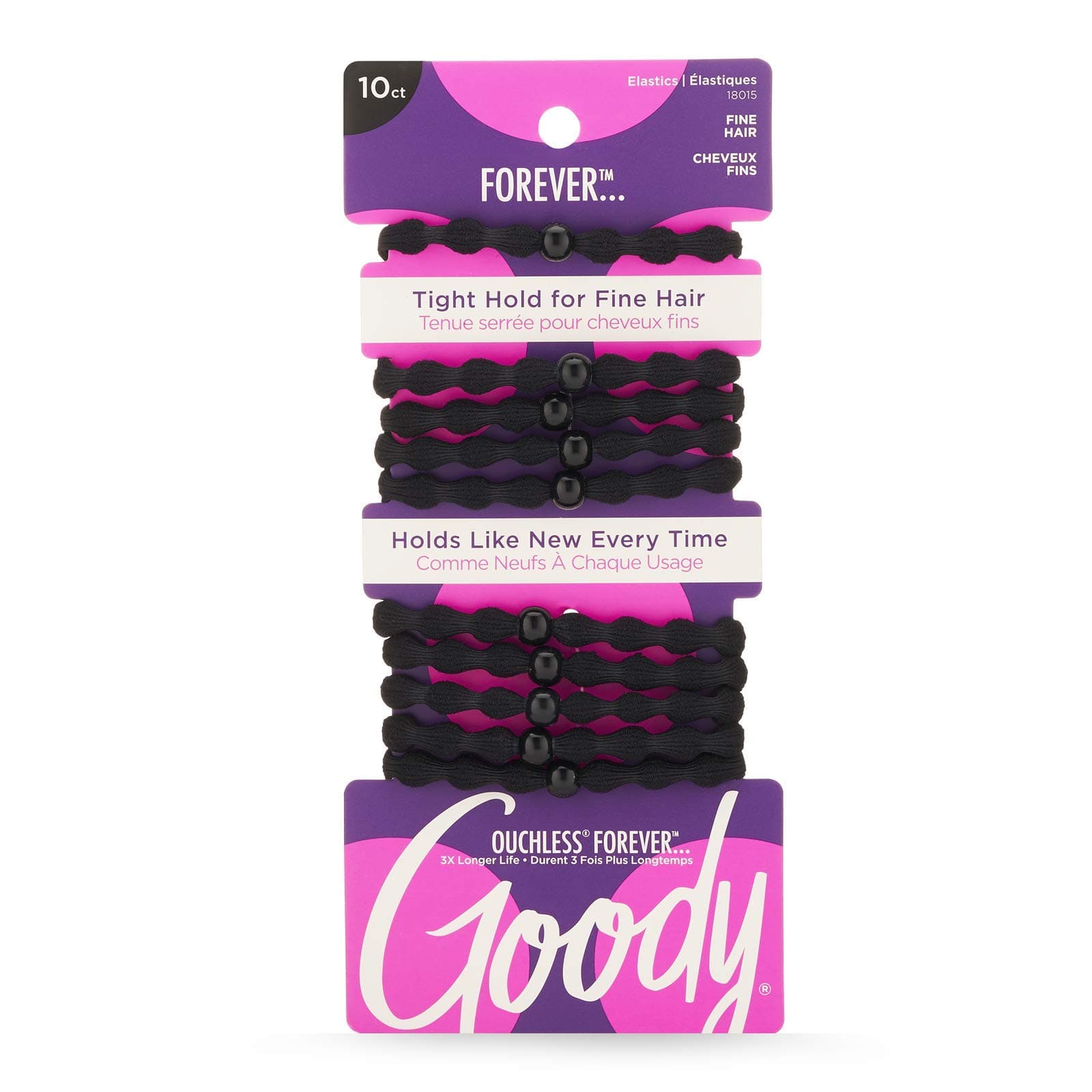 Ouchless Forever Fine Hair Elastics - 10 Ct, Black, Damage-Free Bands, 3X Stronger Hair Ties, Retainable Shape, 16 Strand Inner Core, Hair Accessories for Women & Men