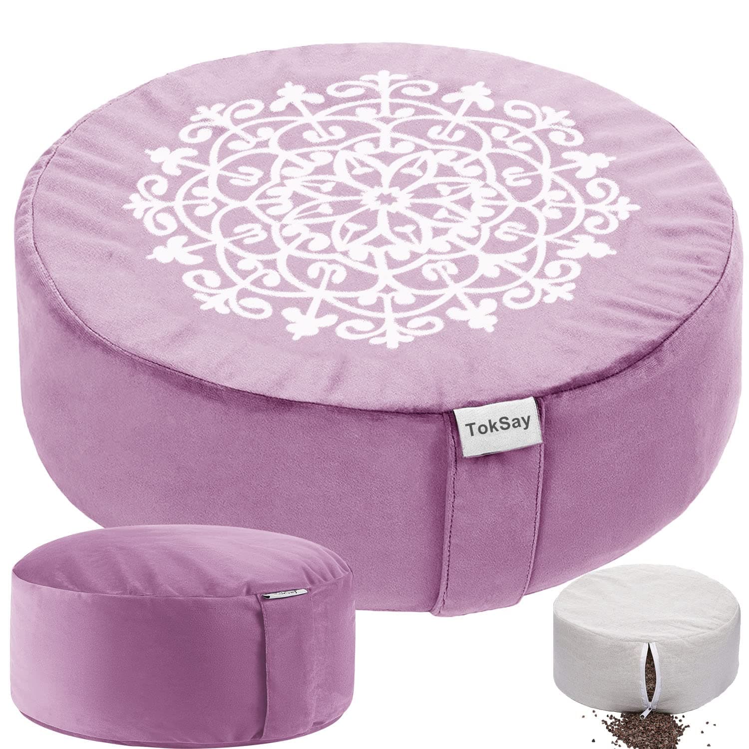 Meditation Cushion with Two Velvet Covers, 16 * 16 * 5.9 inches, Filled with Buckwheat - Round Yoga Bolster (Pink)