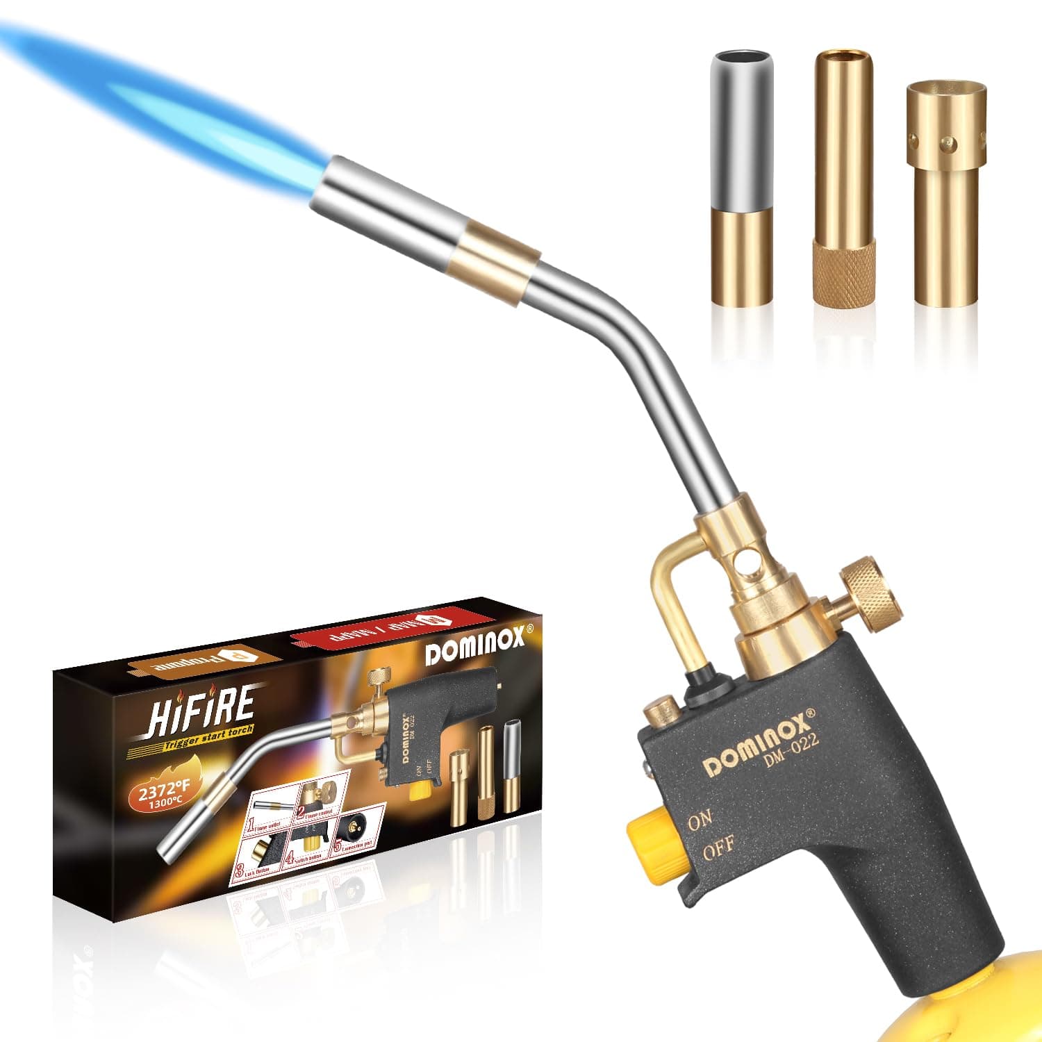 DOMINOX Propane Torch Head with 3 Nozzles, Trigger Start Gas Torch for for Propane, MAP and MAPP, High Intensity Torch Head Kit for Soldering, Welding, Ignition, Cooking