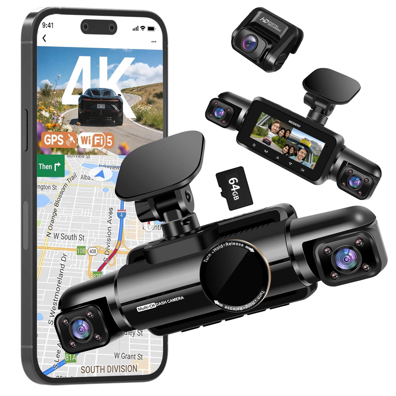 360° Dash Cam Front, Rear and Inside, 4 Channel 3K+3*1080P, 5GHz Wi-Fi GPS, Voice Control, 4K+1080P*2 Dash Camera for Cars, CPL Filter, Free 64GB SD Card, Night Vision, 24H Parking Mode(N700)