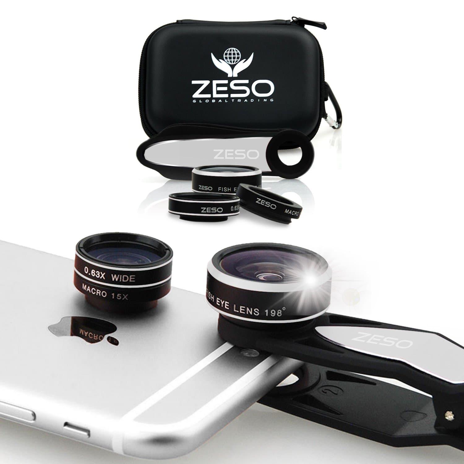 Cell Phone Camera Lens 3 in 1 Kit by Zeso | Professional Fisheye, Macro & Wide Angle Lenses | for iPhone, Samsung Galaxy, Android, iPads, Tablets | Universal Phone Clip & Hard Storage Case | 4 Colors