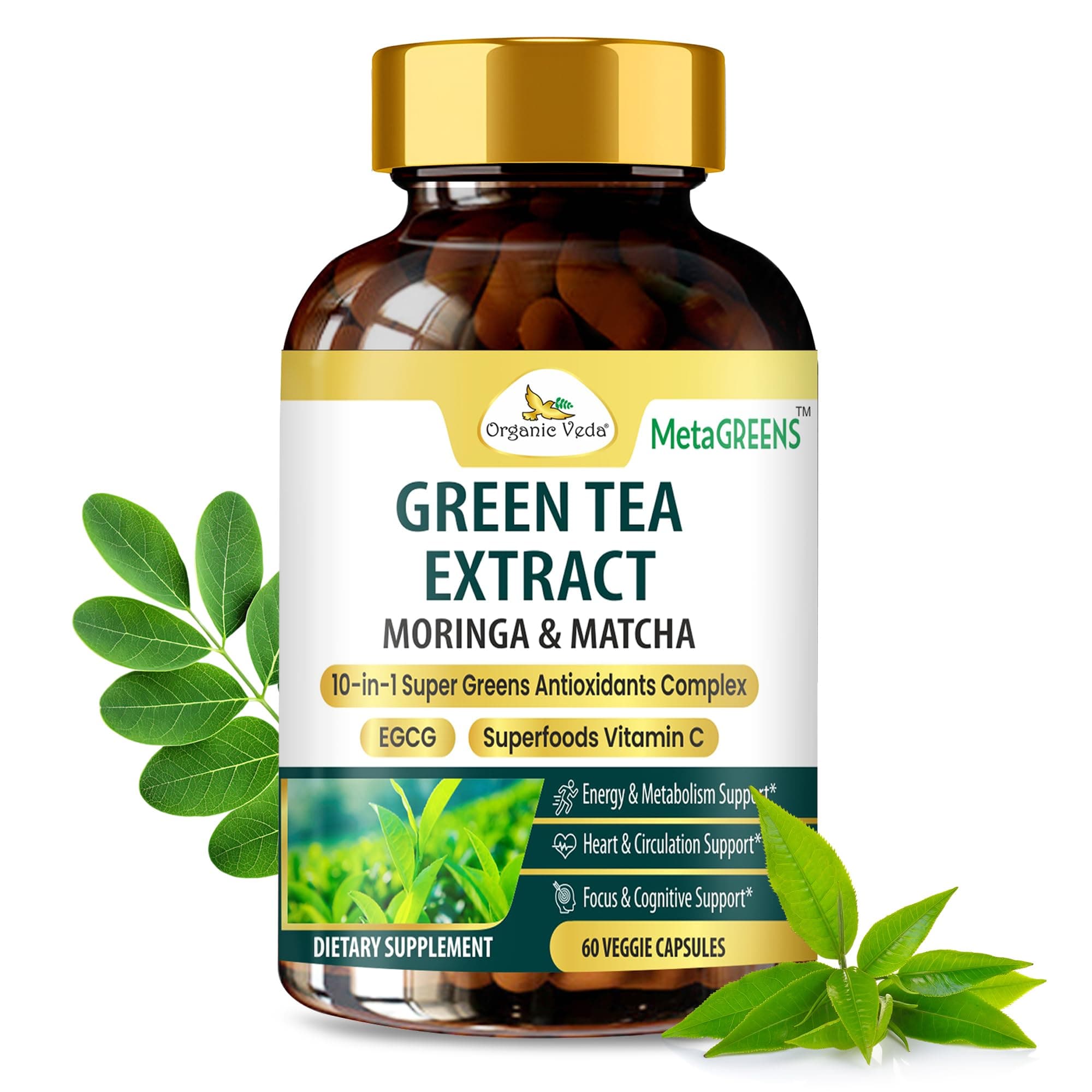 MetaGREENS Green Tea Extract Super Greens Capsule - EGCG, Polyphenols, Vitamin C, Antioxidants, 10-in-1 Energy & Metabolism Supplement - Matcha Green Tea, Moringa, Green Coffee Bean, Turmeric, 60ct