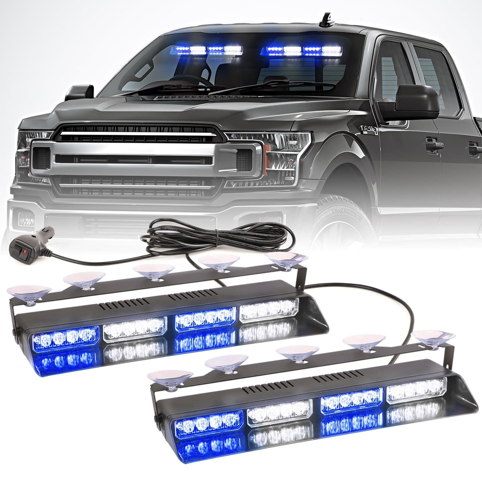 2 in 1 LED Emergency Dash Strobe Light Bar Front/Rear Windshield Safety Flashing Warning Hazard Interior Lights for Police Firefighter Construction Vehicles Trucks (2x14 inch, Blue/White)