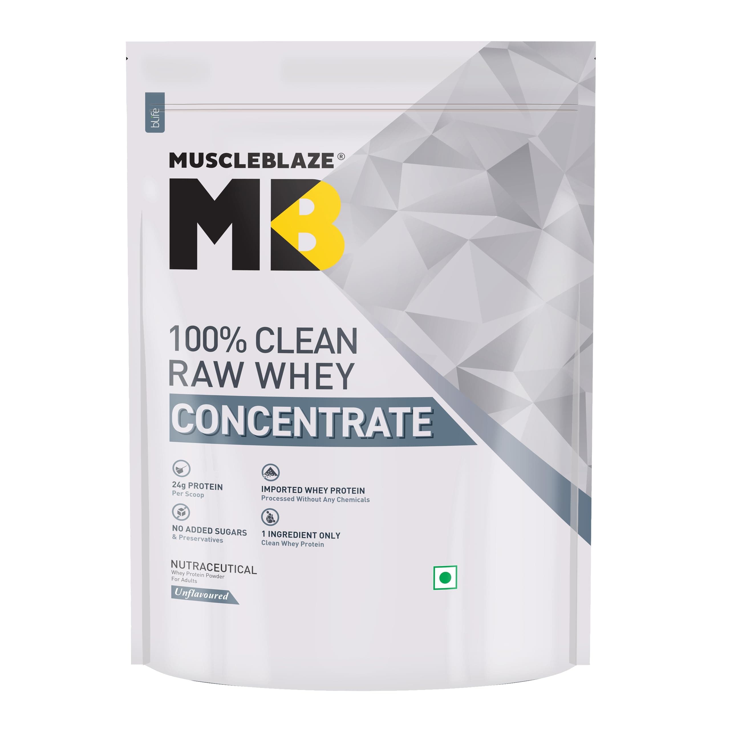 MuscleBlaze 100% Clean Raw Whey Protein Concentrate (Unflavoured, 1kg) | 24g Protein per Scoop | Easy to Digest
