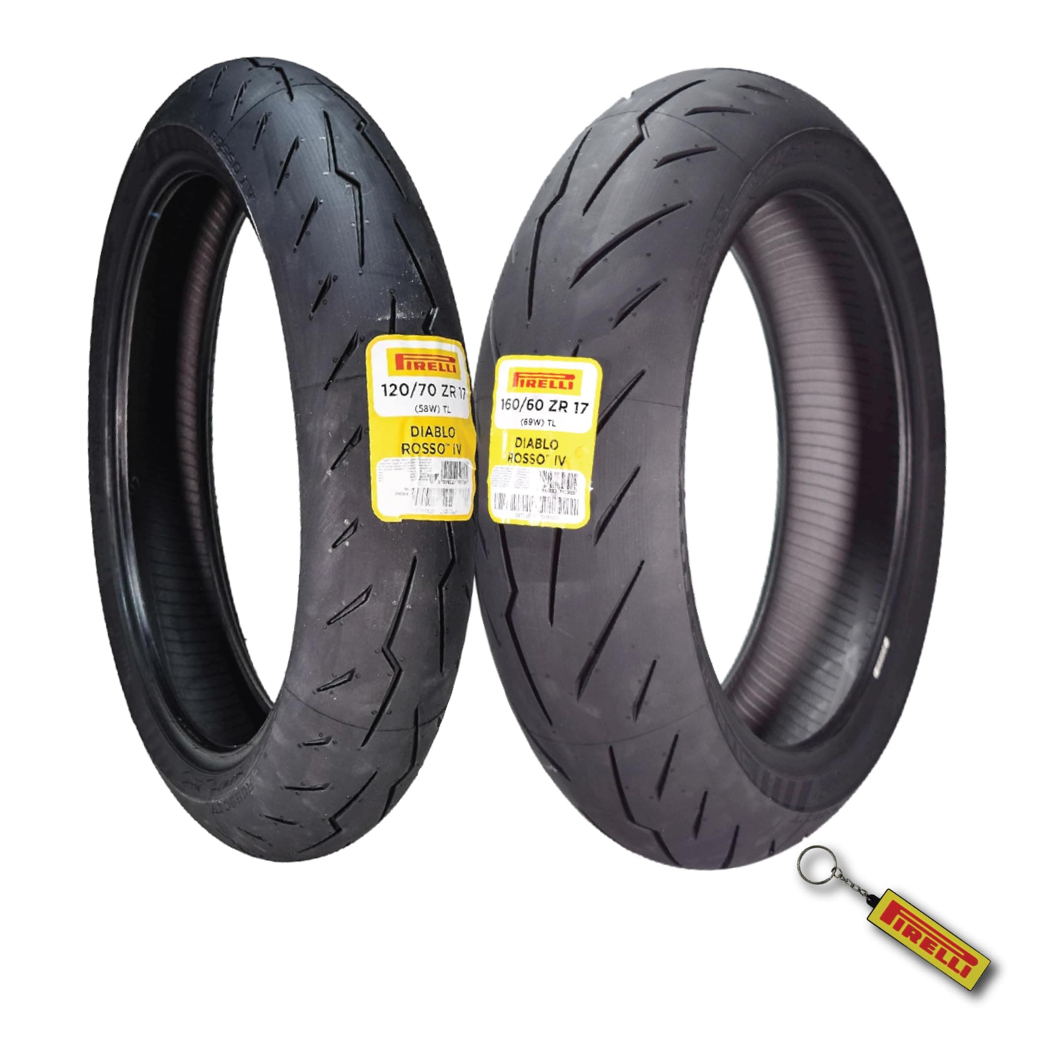 Pirelli Diablo Rosso IV 120/70 ZR 17 M/C Front & 160/60 ZR 17 M/C TL Rear Motorcycle Tire Set - High Performance, Durable for Super Sport Bikes with Keychain