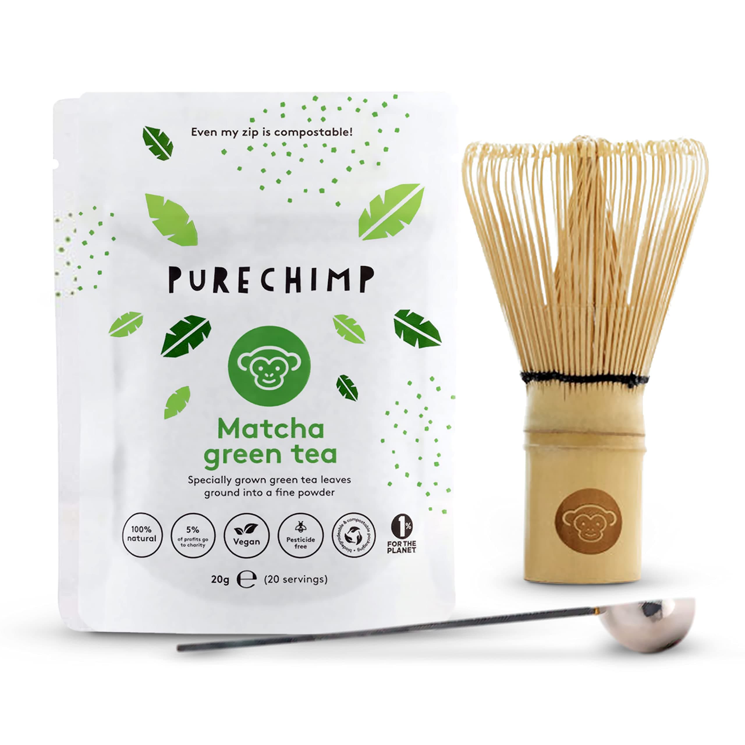 Matcha Tea Set/Starter Kit by PureChimp - Traditional Japanese Bamboo Whisk + Spoon + 20g Premium Matcha Green Tea