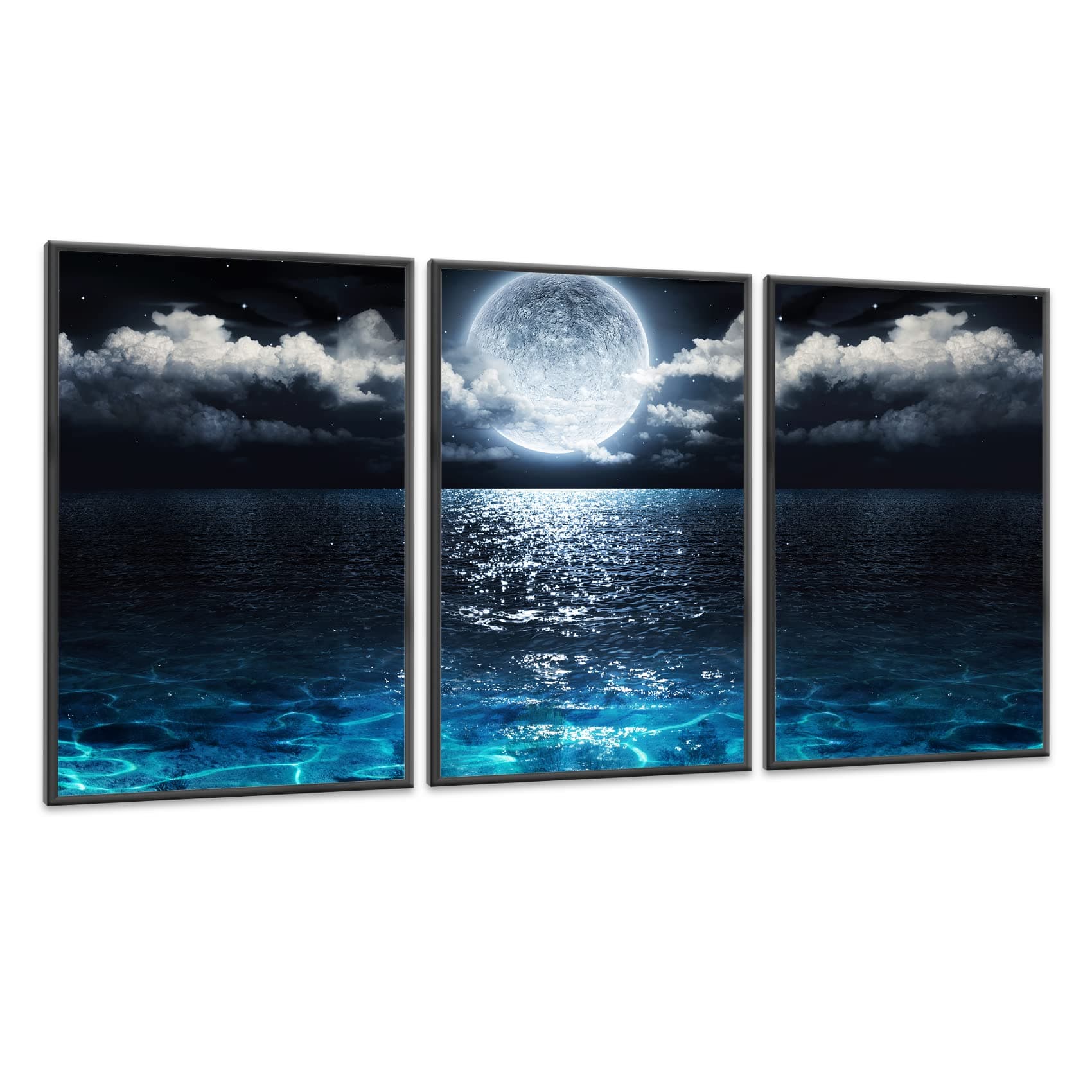 JKKL Wall Art For Living Room Framed Canvas Prints Moon in Cloud Blue Clear Ocean Seascape Pictures Bathroom Decor Ready To Hang Paintings Posters For Home Decoration 3 Set (8 X 12 inch)