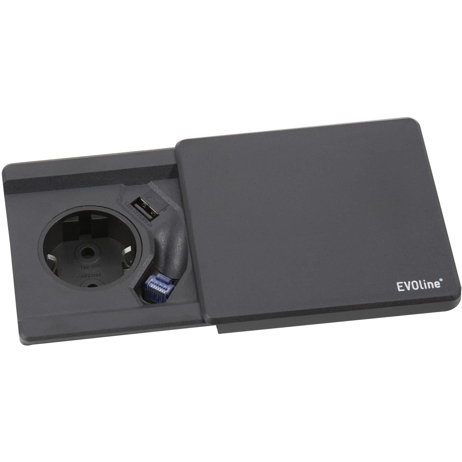 Schulte, EVOline Square 80 Schuko with USB E Qi Charger Plus RJ45 data cable, 1 piece, black, 1592 7000 0500