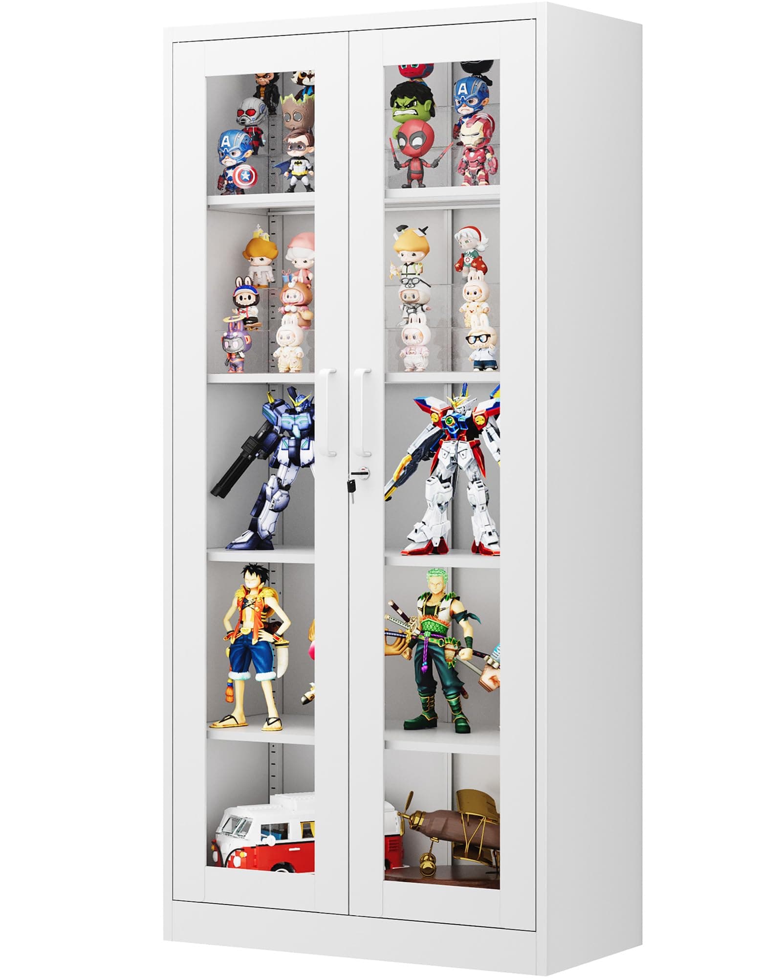 Display Cabinet with Glass Doors, 71 Inches Metal Curio Storage Cabinets with 4 Adjustable Shelves, Locking Glass Cabinet Display Case for Home, Office, Clinic, Pantry (White)