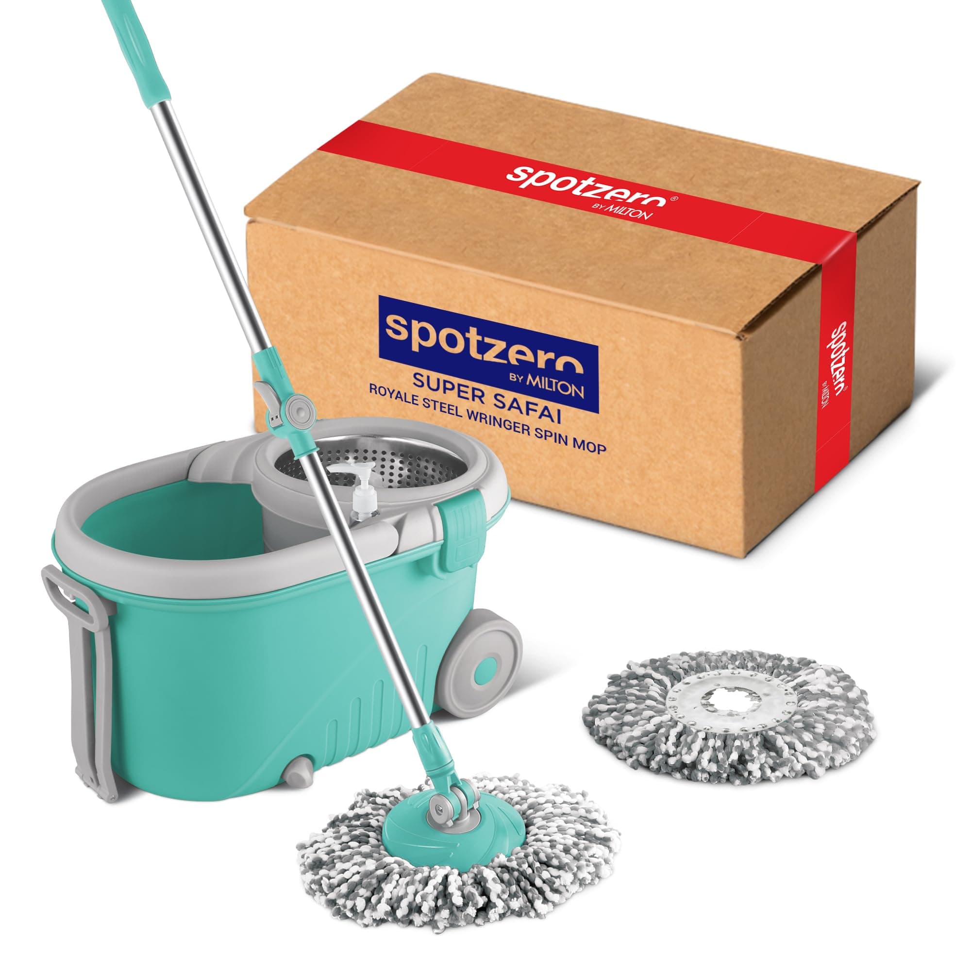 Spotzero by Milton Royale Stainless Steel Wringer Spin Mop with Big Wheel and Puller Handle, Bucket Floor Cleaning and Mopping System 360° Flexible,2 Microfiber Refills, Big Size, Aqua Green