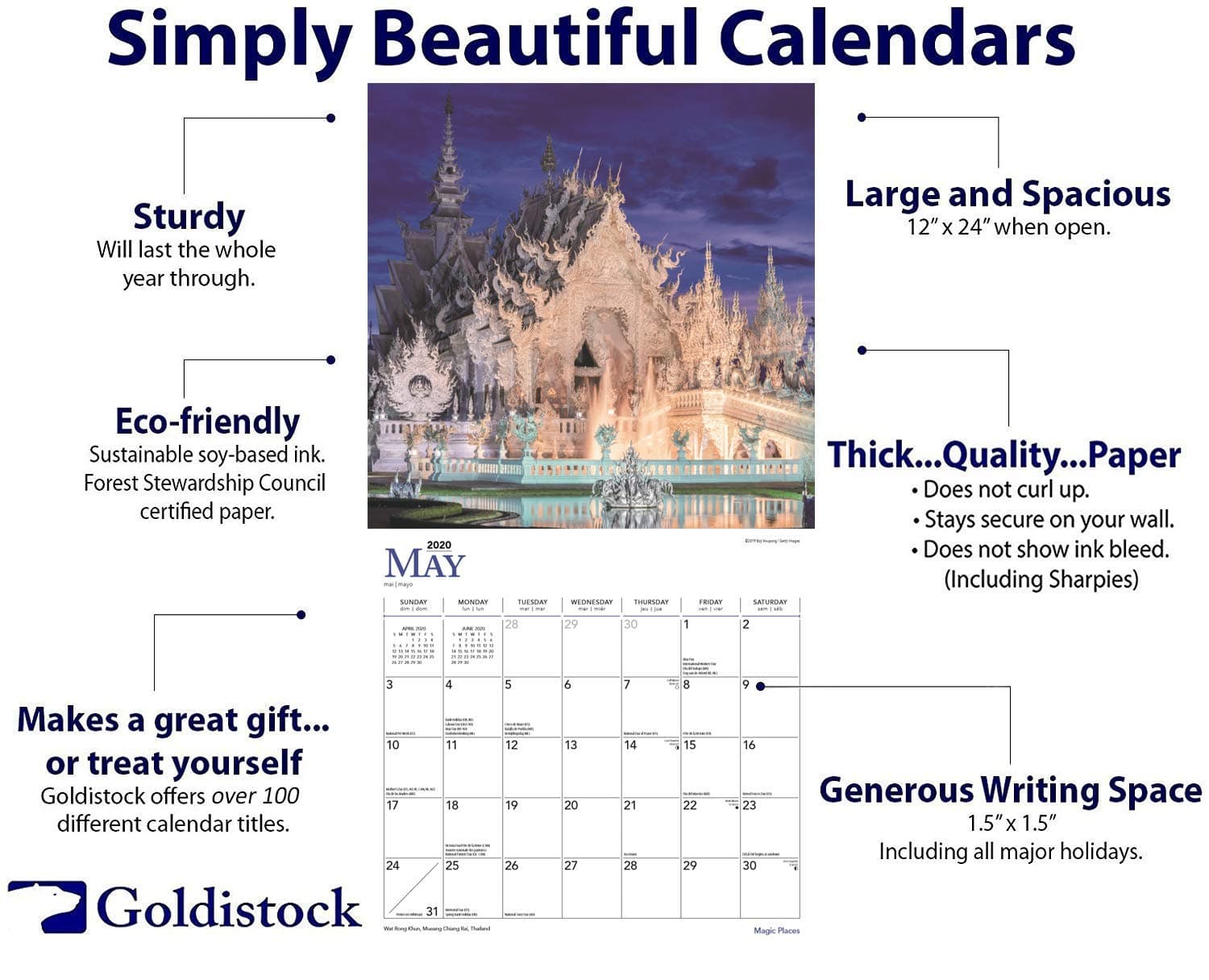 Goldistock 2020 Large Wall Calendar -"Magic Places" - 12" x 24" (Open) - Thick & Sturdy Paper - - Travel The Globe Visiting Magical Places
