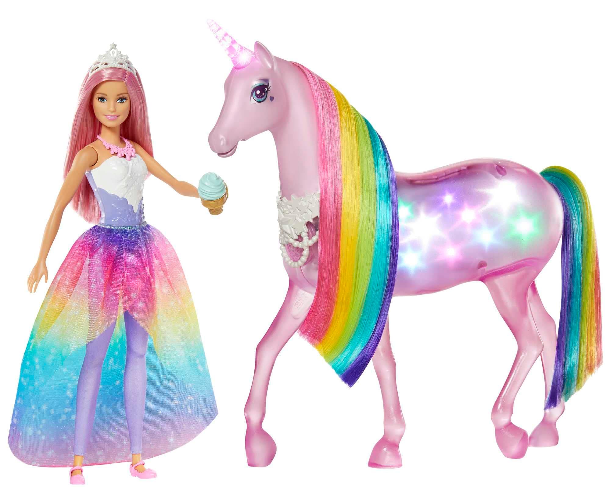 Barbie Dreamtopia Magical Lights Unicorn with Rainbow Mane, Lights & Sounds, Barbie Royal Doll with Pink Hair and Food Accessory, Gift for 3 to 7 Year Olds, GWM78